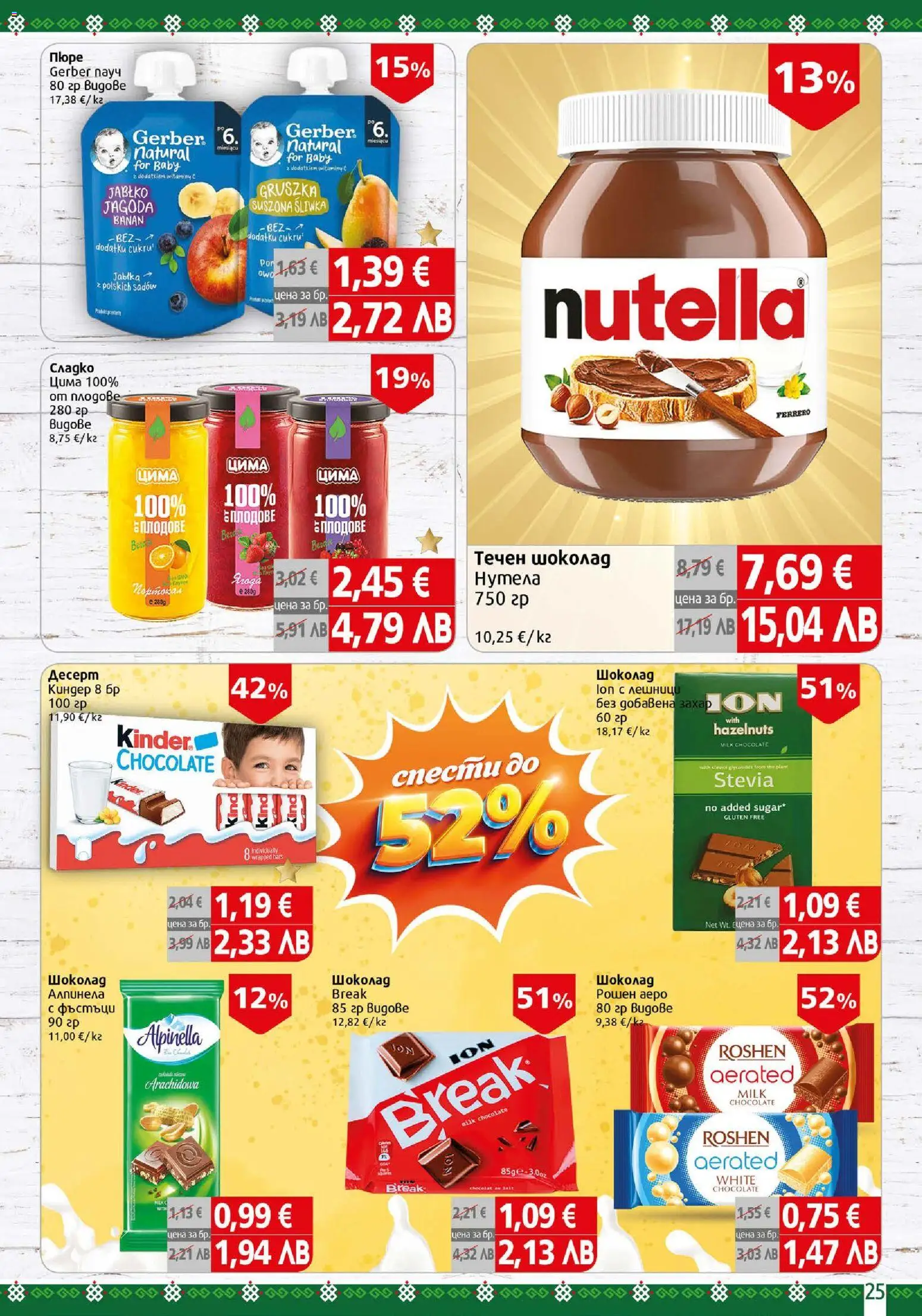 {H1} | Страница: 25 | Продукти: Шоколад, Плодове, Захар