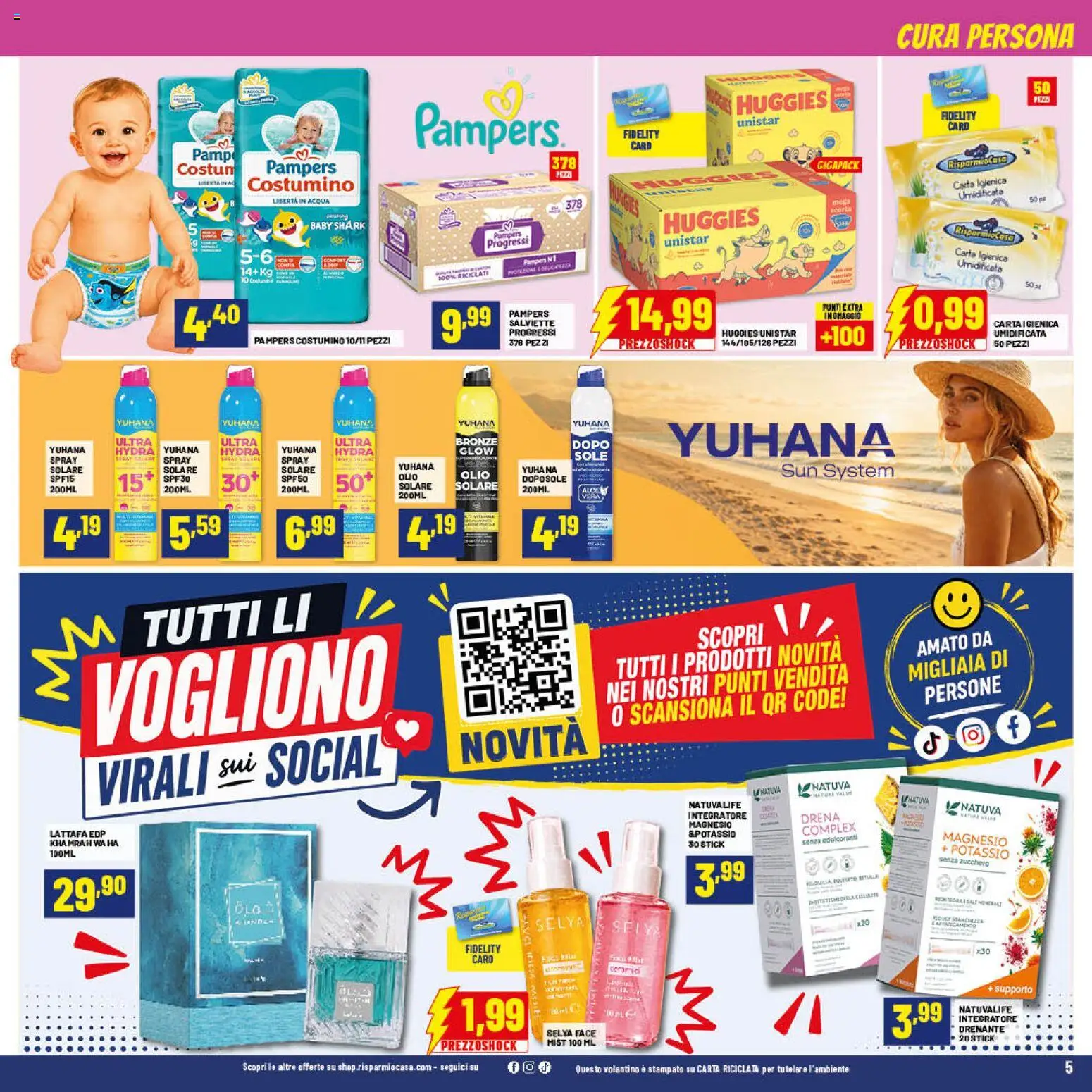 Volantino RisparmioCasa del 22/07/2026 | Pagina: 5 | Prodotti: Carta igienica, Zucchero, Olio, Pampers