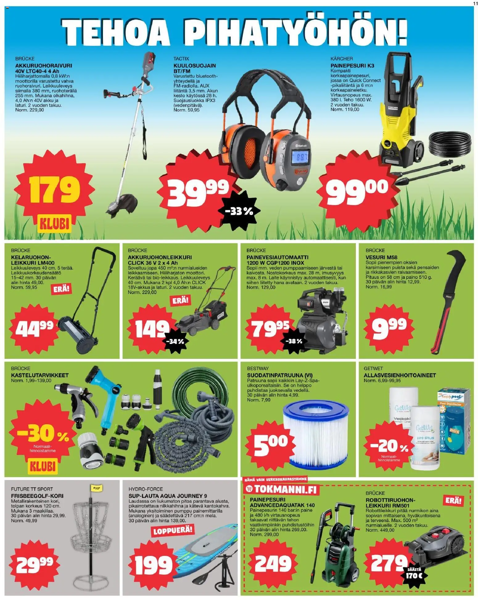 Tokmanni tarjoukset – voimassa 06/07/2026 alkaen | Sivu: 11 | Tuotteet: Leikkuri, Painepesuri, Akku, Pumppu