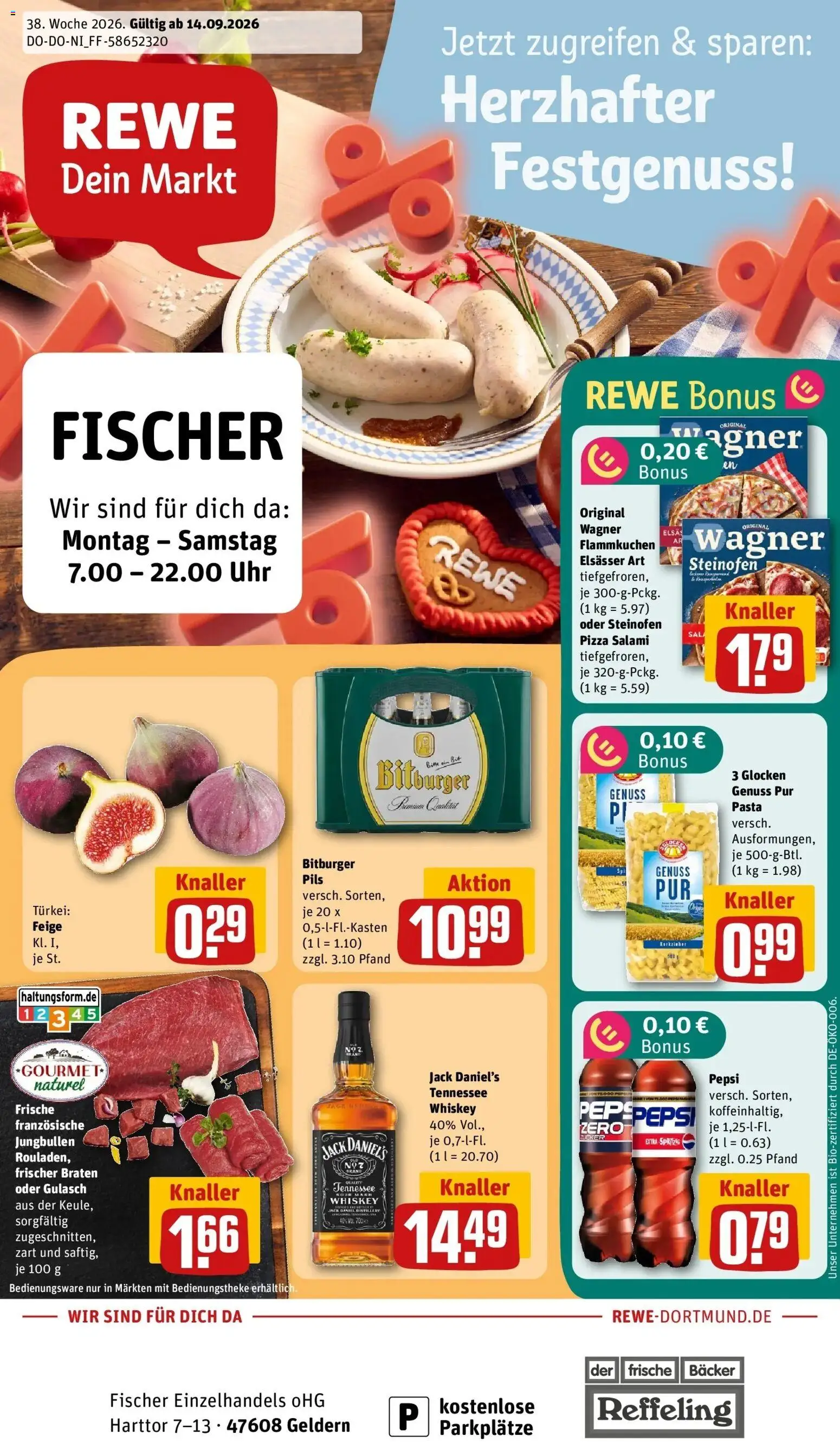 REWE Prospekt ab 14.09.2026 zum Blättern » Angebote | Seite: 1 | Produkte: Pils, Gulasch, Pepsi, Pizza