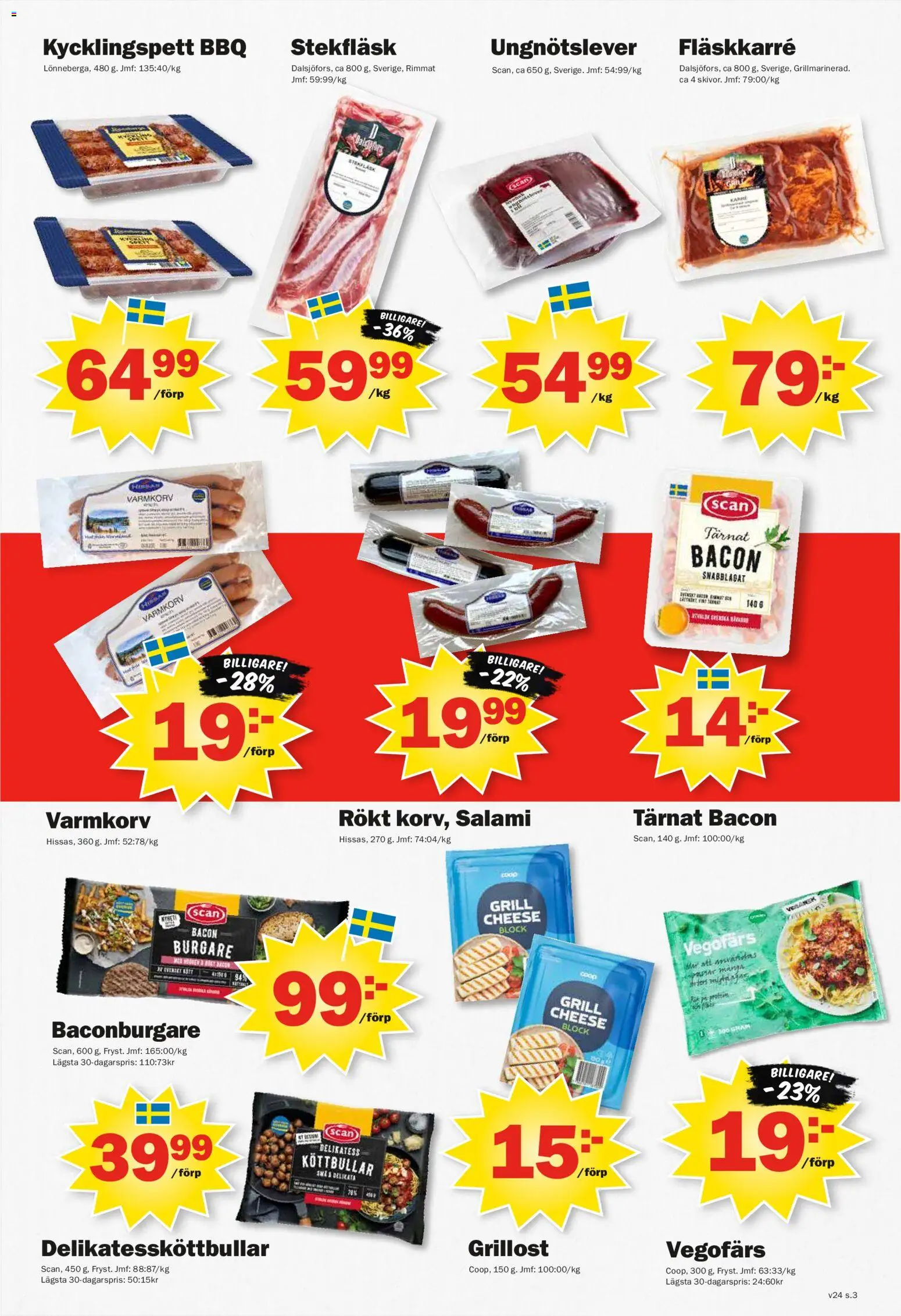 Pekås reklamblad aktuell från 08.06.2026 | Sida: 3 | Produkter: Varmkorv, Köttbullar, Bacon, Salami