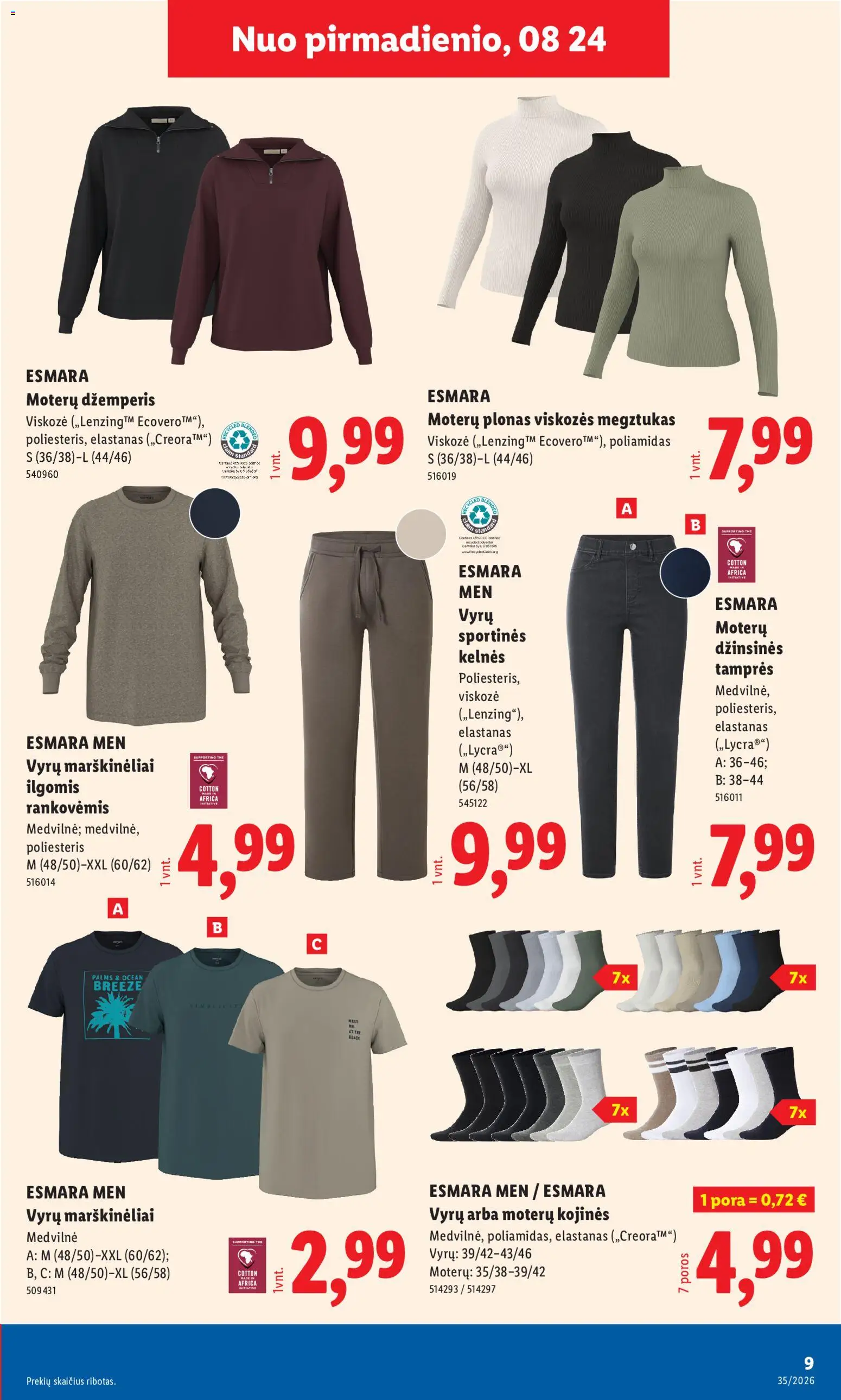LIDL akcijos nuo 2026.08.24 | Puslapis: 9 | Prekių: Marškinėliai, Džemperis, Kojinės, Tamprės