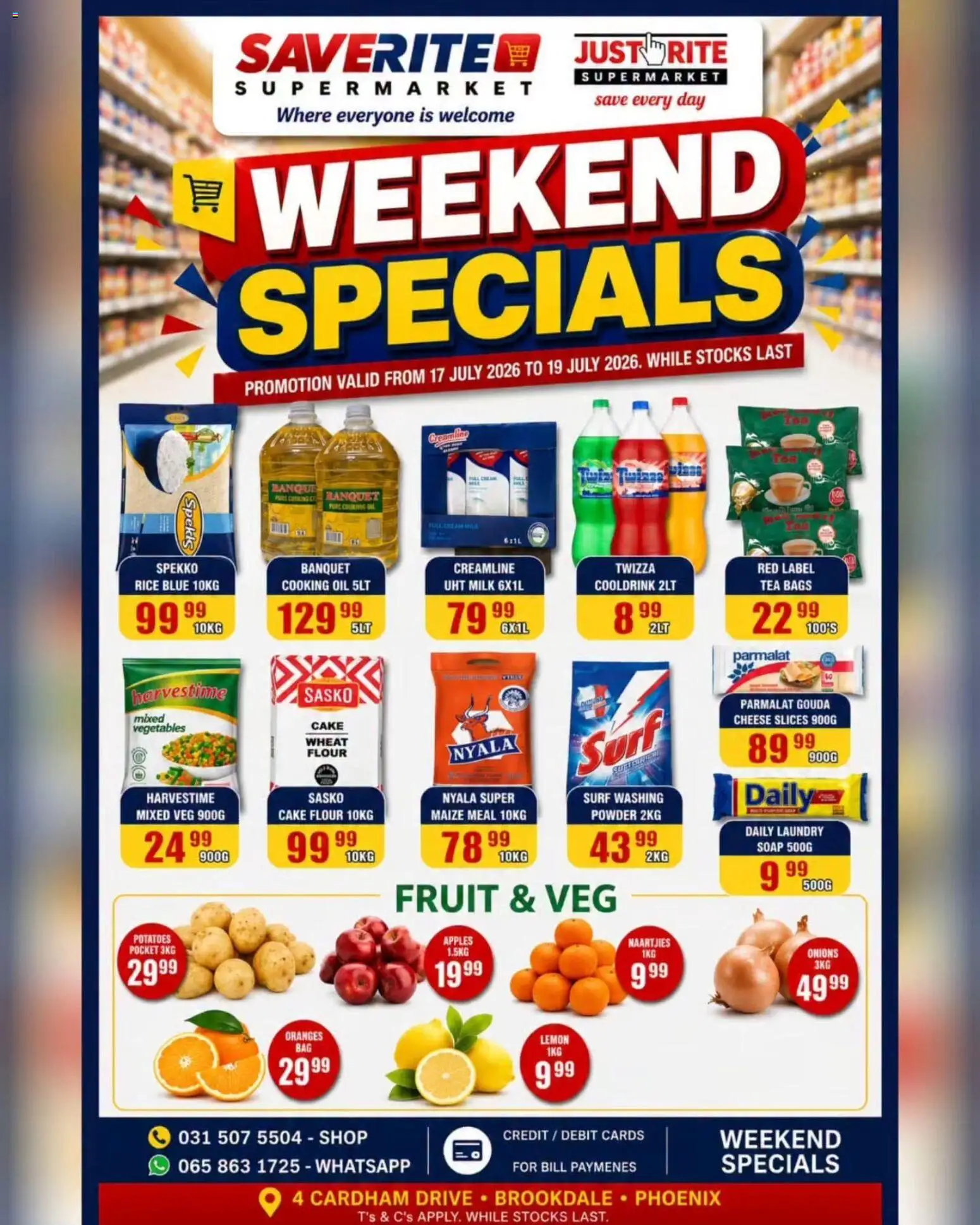 New Saverite catalogue – valid from 17/07/2026 | Page: 1 | Products: Maize meal, Cheese, Onions, Vegetables