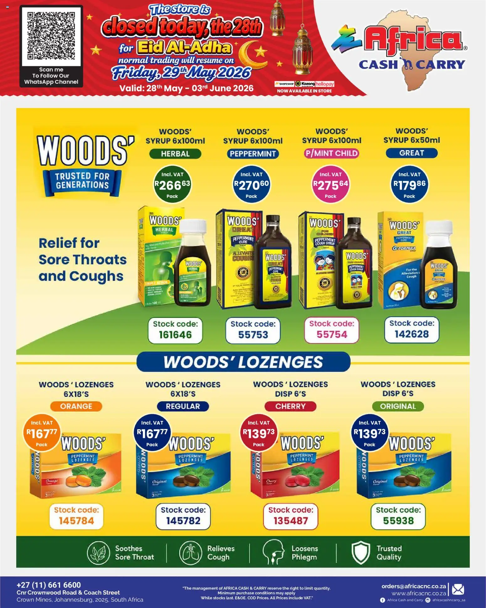 New Africa Cash & Carry catalogue – valid from 28.05.2026 | Page: 9 | Products: Cough syrup, Lozenges, Stock, Syrup