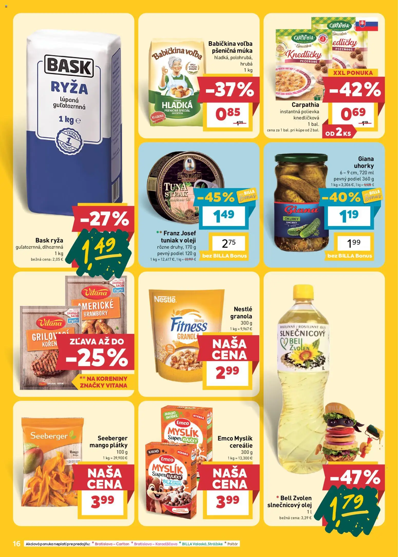 Nové Billa akcie – leták je platný od 28.10.2026 | Strana: 16 | Produkty: Tuniak, Ryža, Slnečnicový olej, Mango