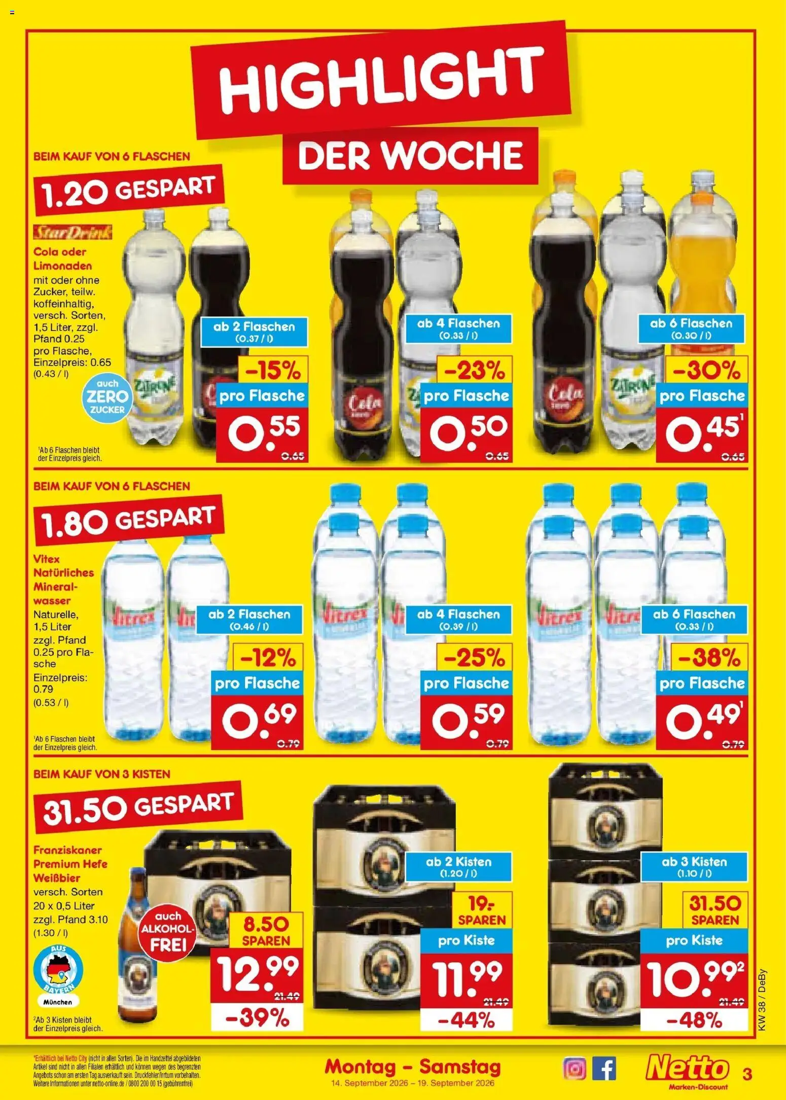 Netto Marken-Discount Prospekt Stuttgart – gültig ab 14.09.2026 | Seite: 3 | Produkte: Cola, Wasser, Alkohol, Zitrone