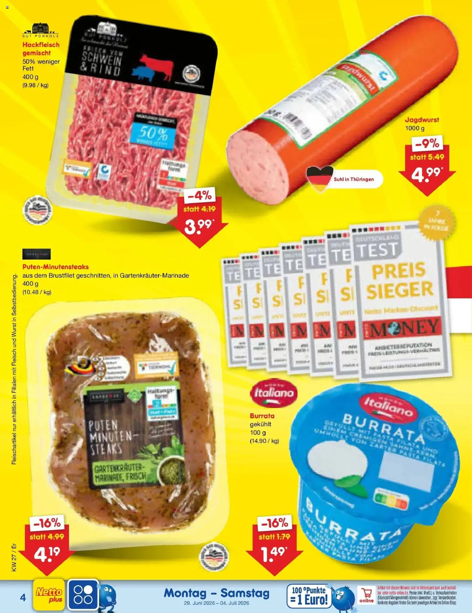 Netto Marken-Discount Prospekt Nordhausen – gültig ab 29.06.2026 | Seite: 4 | Produkte: Burrata, Wurst, Fleisch, Hackfleisch
