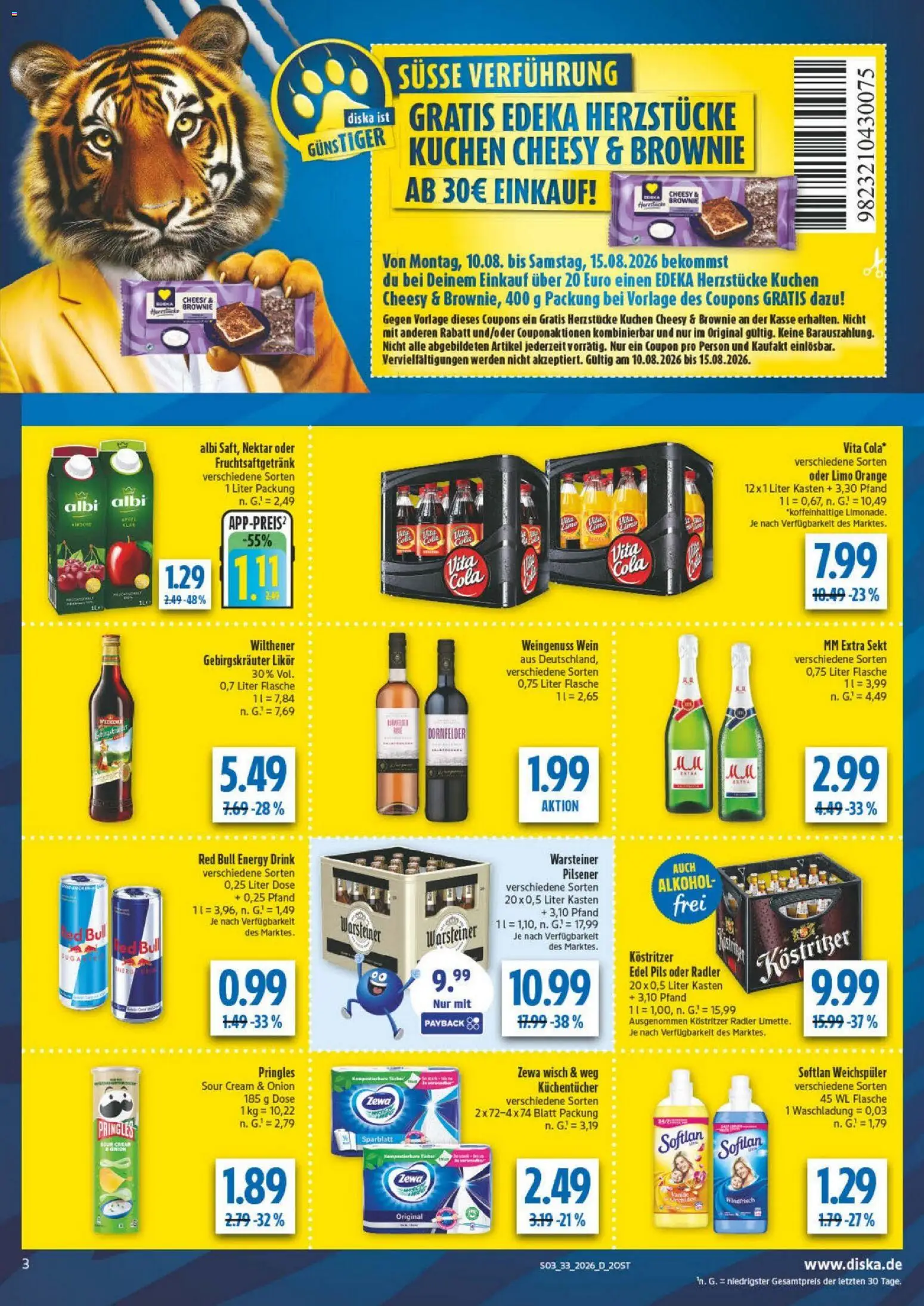 Diska - Diska Angebote Sachsen-Thüringen KW33 – gültig ab 10.08.2026 | Seite: 3 | Produkte: Kostritzer, Sekt, Wein, Kuchen