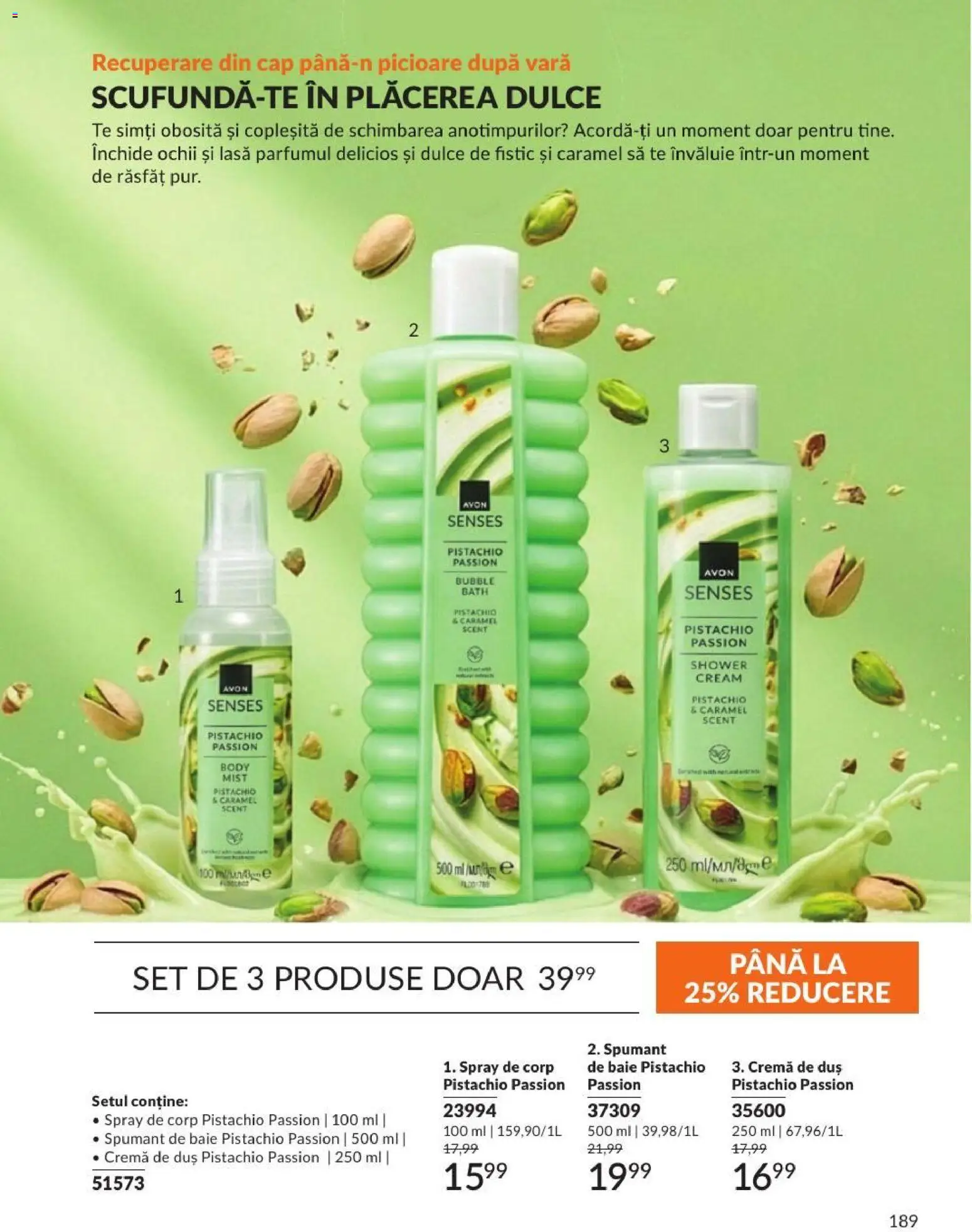 Noul catalog Avon – valabil de la 01.09.2026 | Pagină: 189 | Produse: Duș, Cremă, Fistic, Spumant de baie