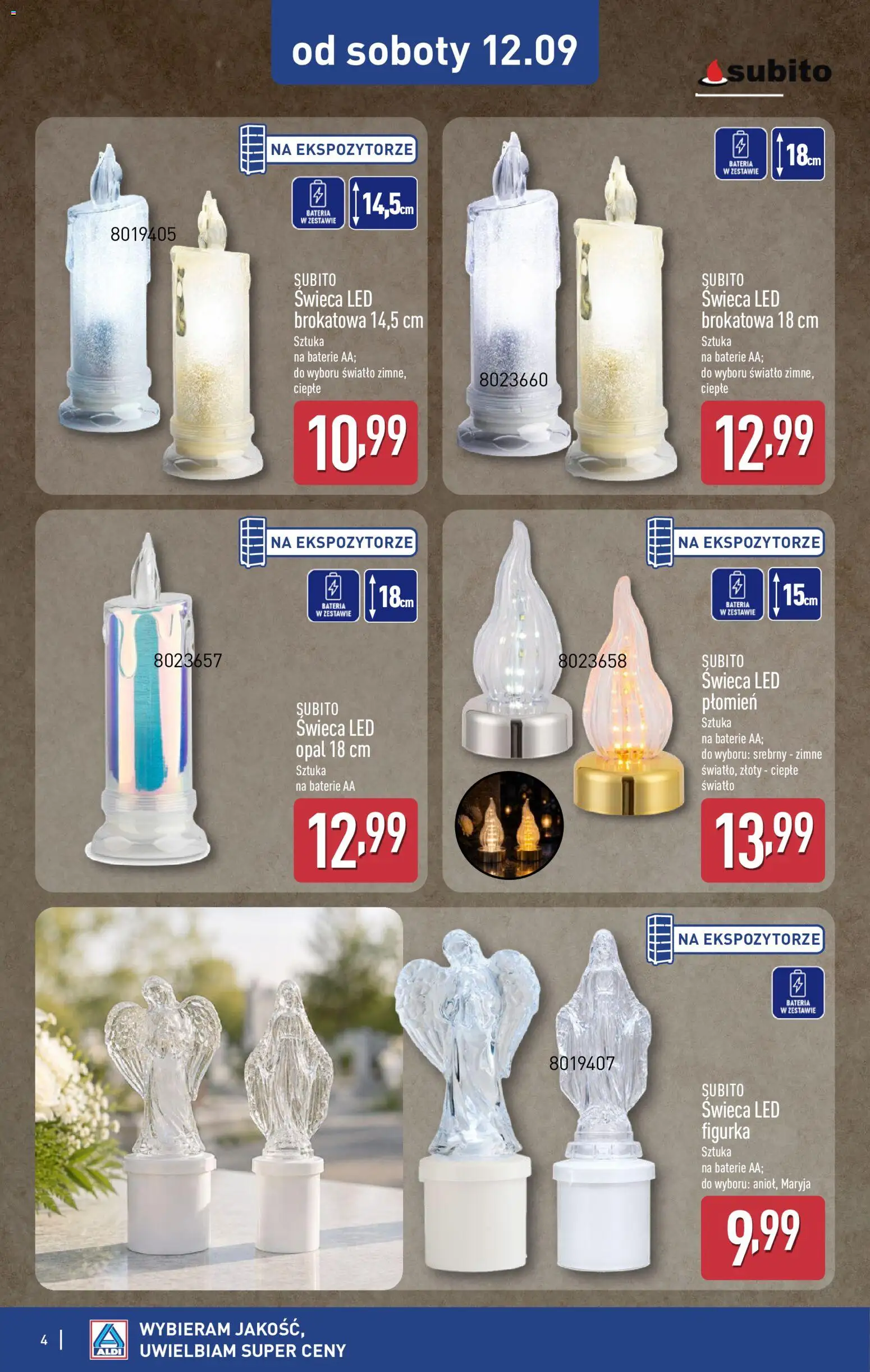 Aldi gazetka - Szeroka oferta zniczy w super cenach od 12.09.2026 | Strona: 4 | Produkty: Świeca, Baterie, Bateria, Baterie AA