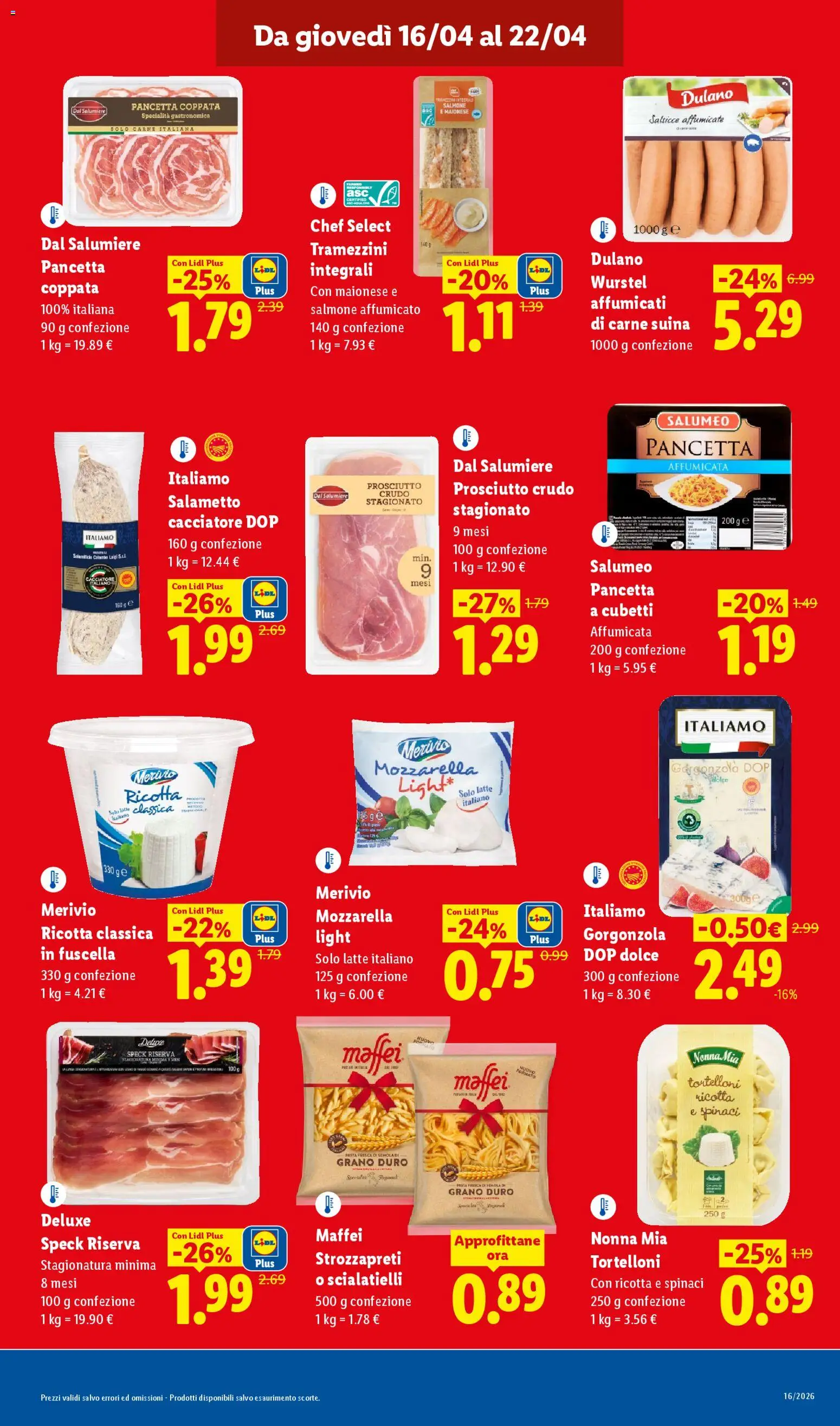 Volantino Lidl del 16.04.2026 | Pagina: 9 | Prodotti: Speck, Prosciutto Crudo, Spinaci, Tortelloni