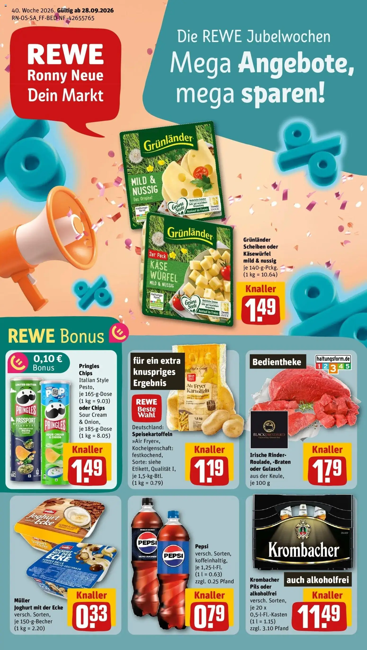 REWE Prospekt ab 28.09.2026 zum Blättern » Angebote | Seite: 1 | Produkte: Käse, Kartoffeln, Gulasch, Zucker