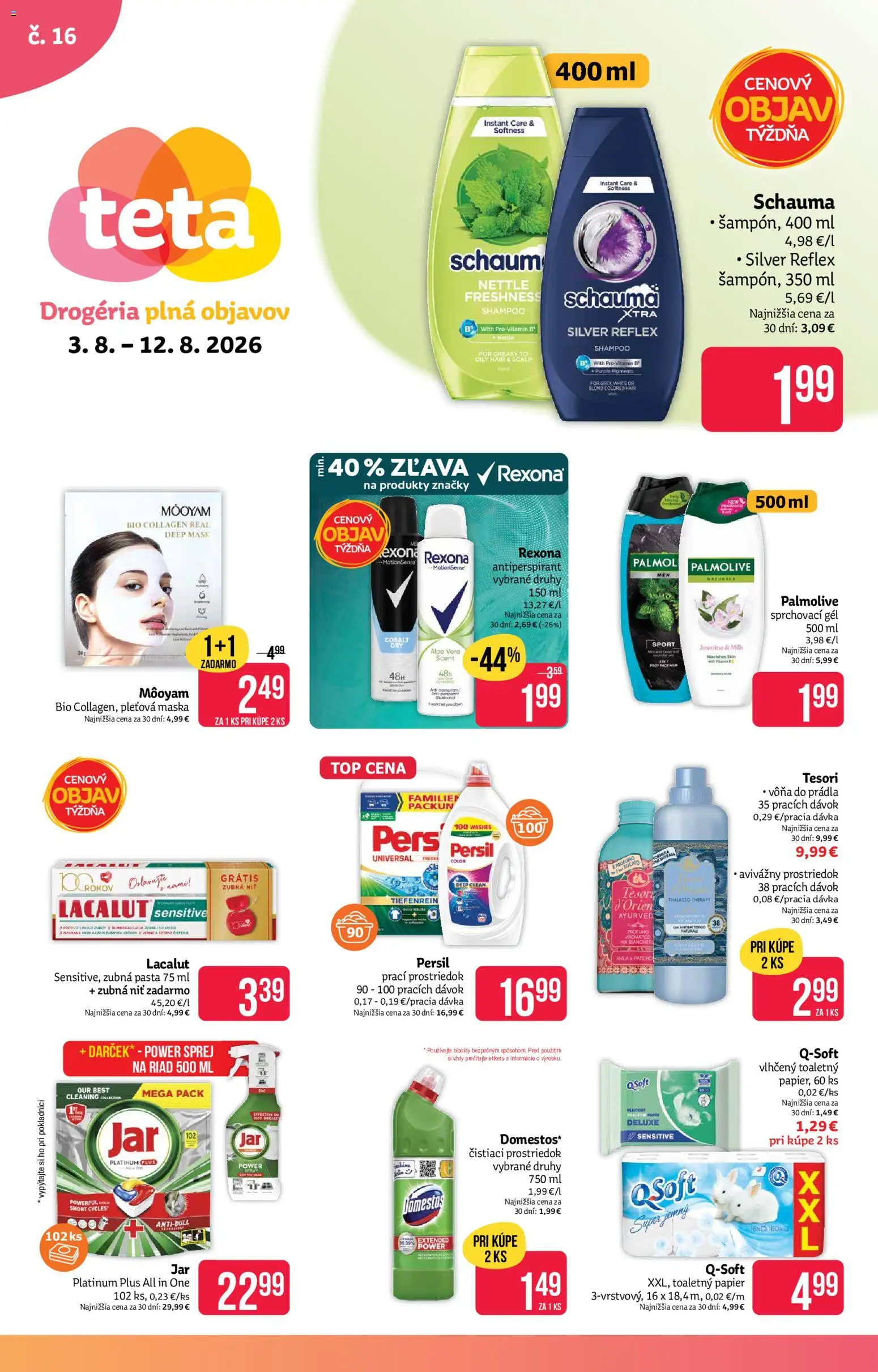 Nové Teta drogerie akcie – leták je platný od 03.08.2026 | Strana: 1 | Produkty: Persil, Toaletný papier, Zubná pasta, Čistiaci prostriedok
