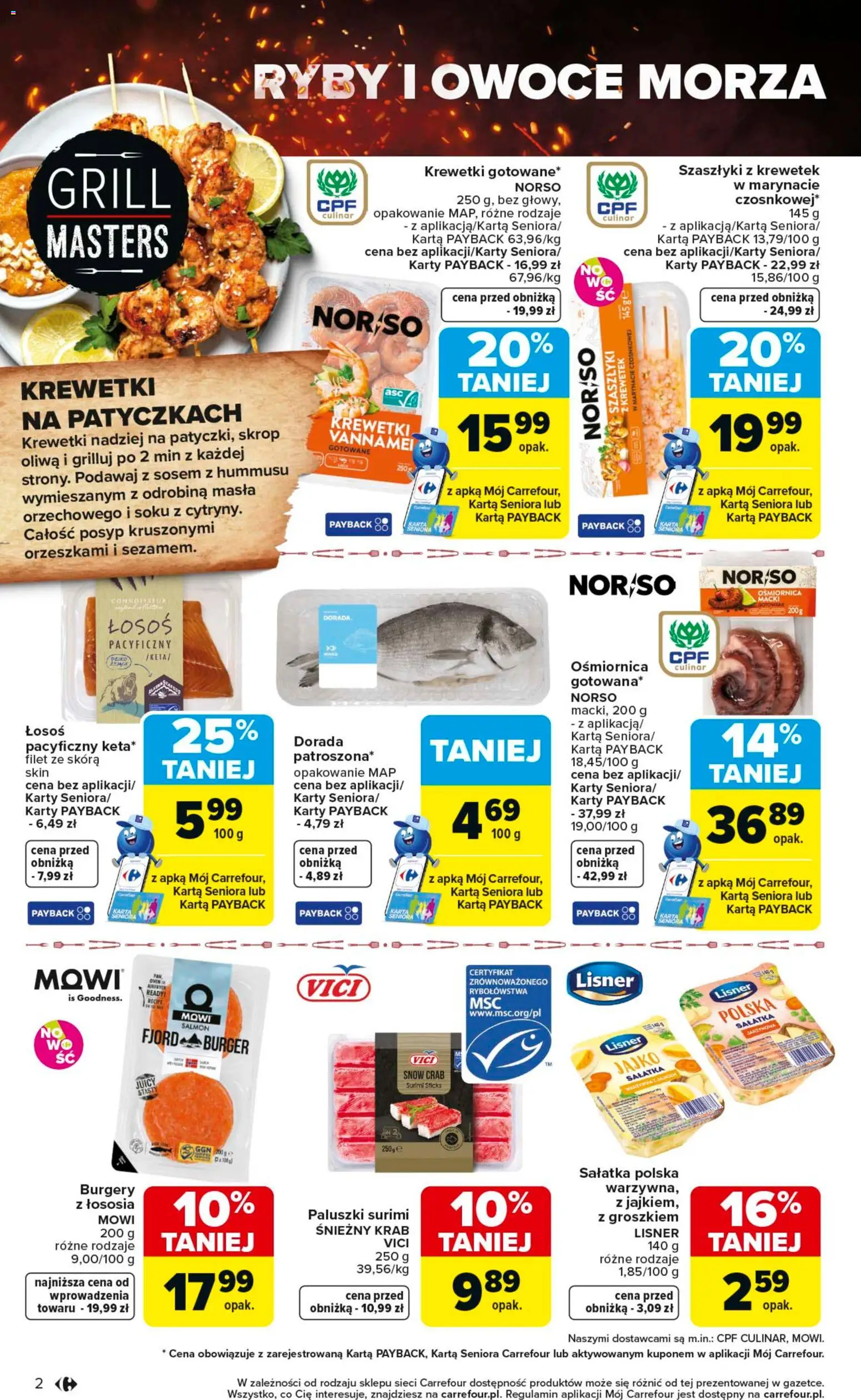 Carrefour gazetka - Misja:Grill Cię wzywa od 23.04.2026 | Strona: 2 | Produkty: Krewetki, Łosoś, Paluszki surimi, Paluszki