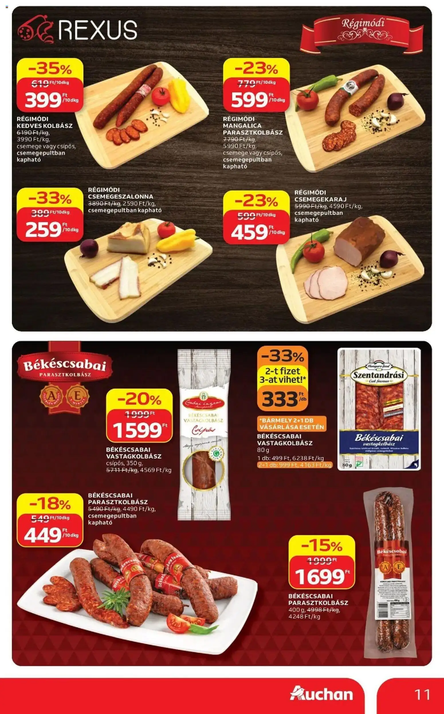 Auchan akciós újság Szolnok - 2026.09.17. -tól/töl > akció, lapozható szórólap 🛍️ | Oldal: 11 | Termékek: Parasztkolbász, Bacon, Vastagkolbász, Csemege