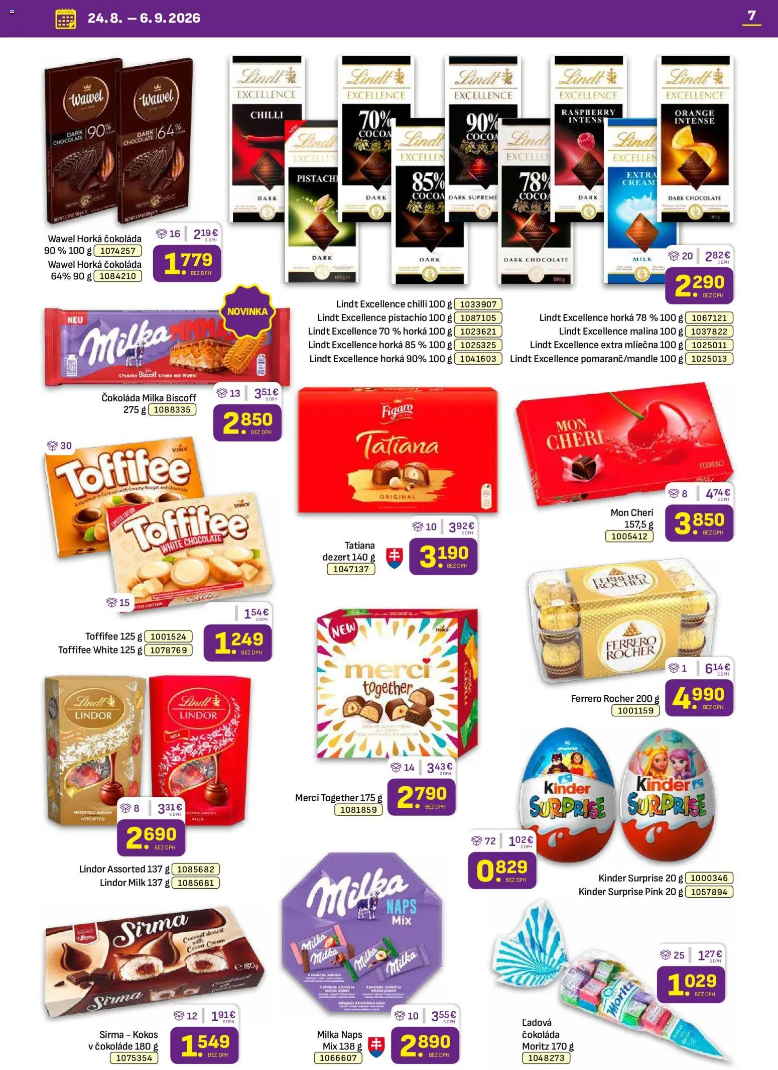 Nové Libex akcie – leták je platný od 24.08.2026 | Strana: 7 | Produkty: Kinder, Mon Chéri, Milka, Ferrero Rocher