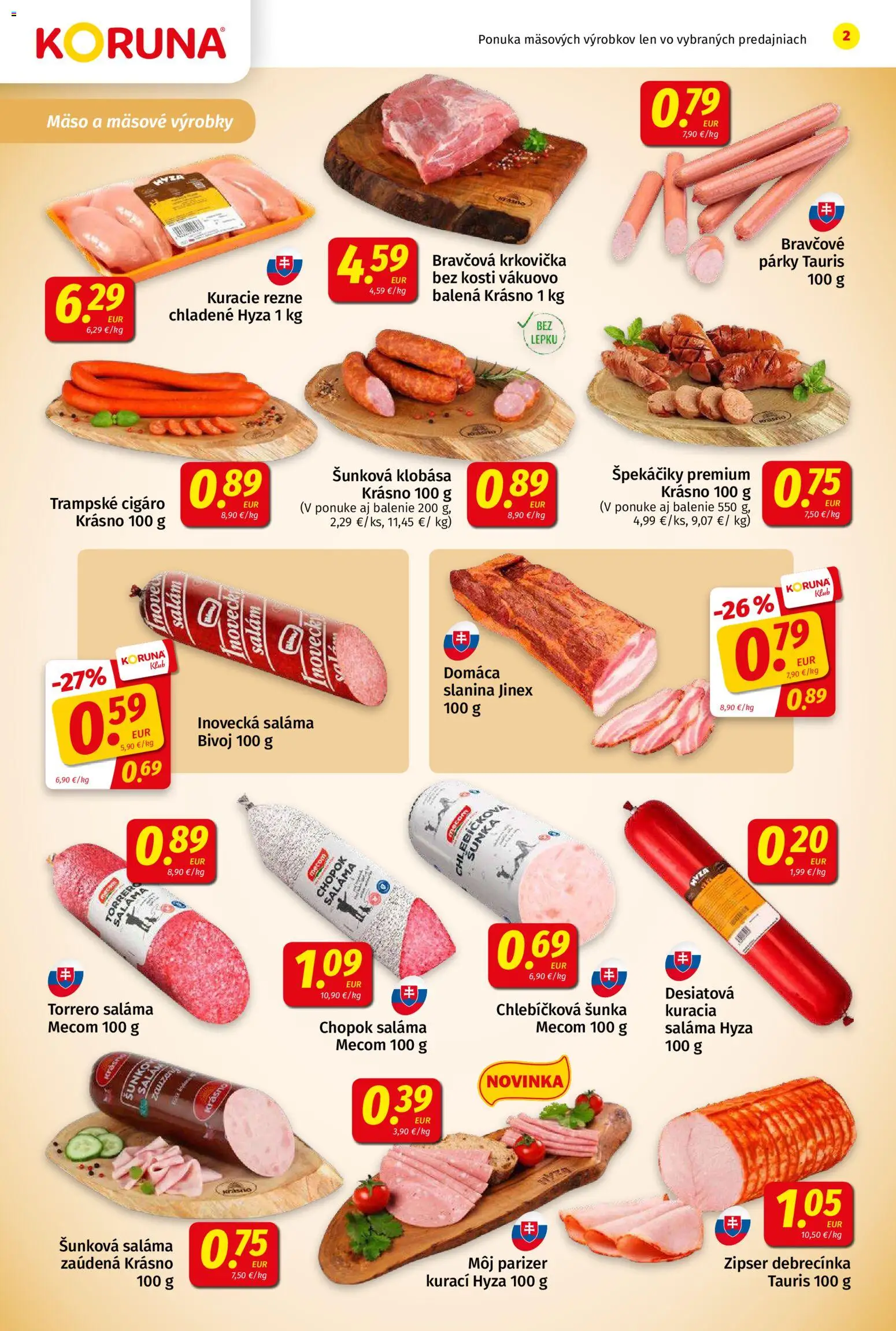 Nové Koruna akcie – leták je platný od 31.07.2026 | Strana: 2 | Produkty: Mäso, Párky, Špekáčiky, Rezne