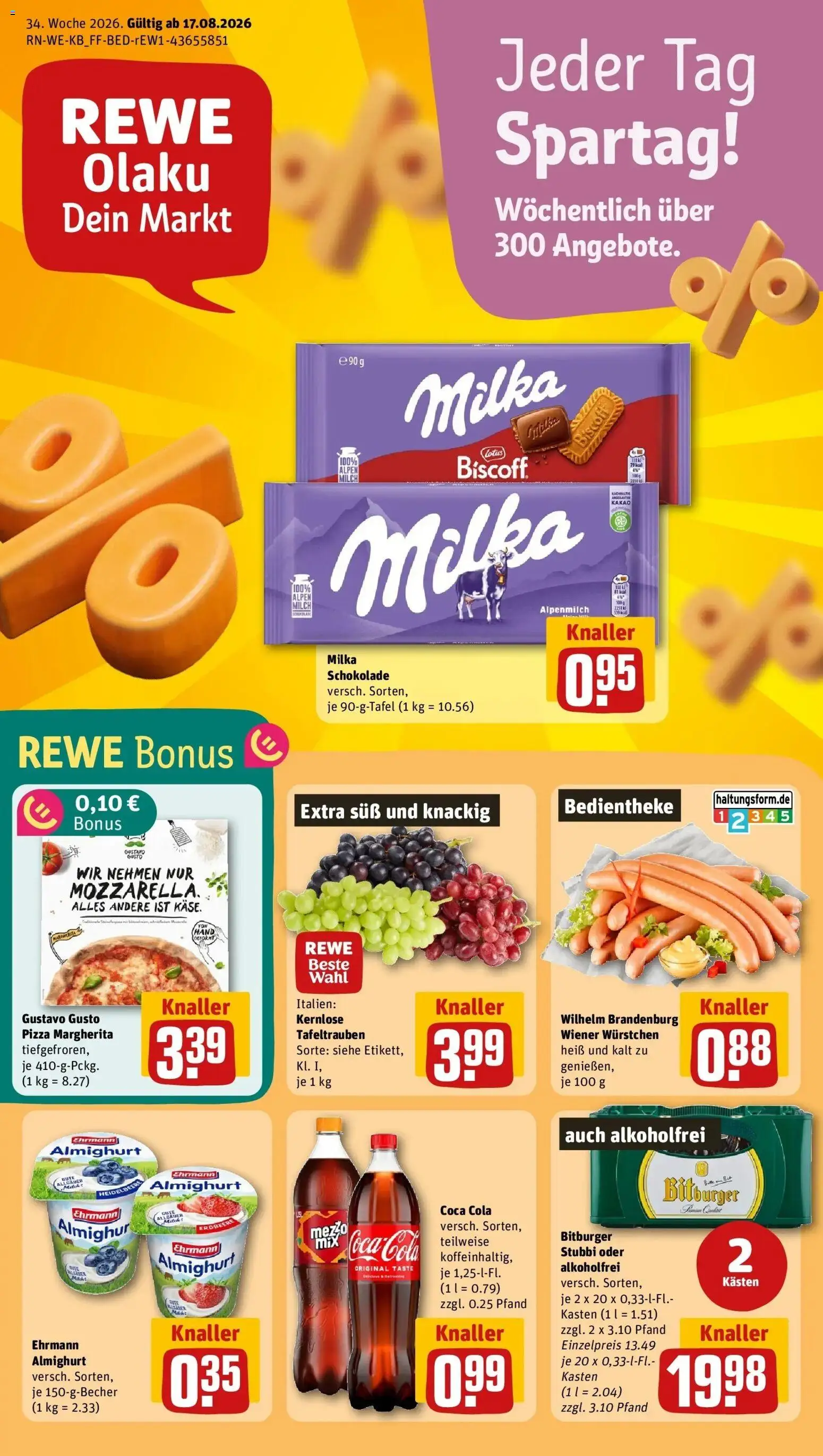 REWE Prospekt ab 17.08.2026 zum Blättern » Angebote | Seite: 1 | Produkte: Wiener wurstchen, Milka schokolade, Milka, Pizza