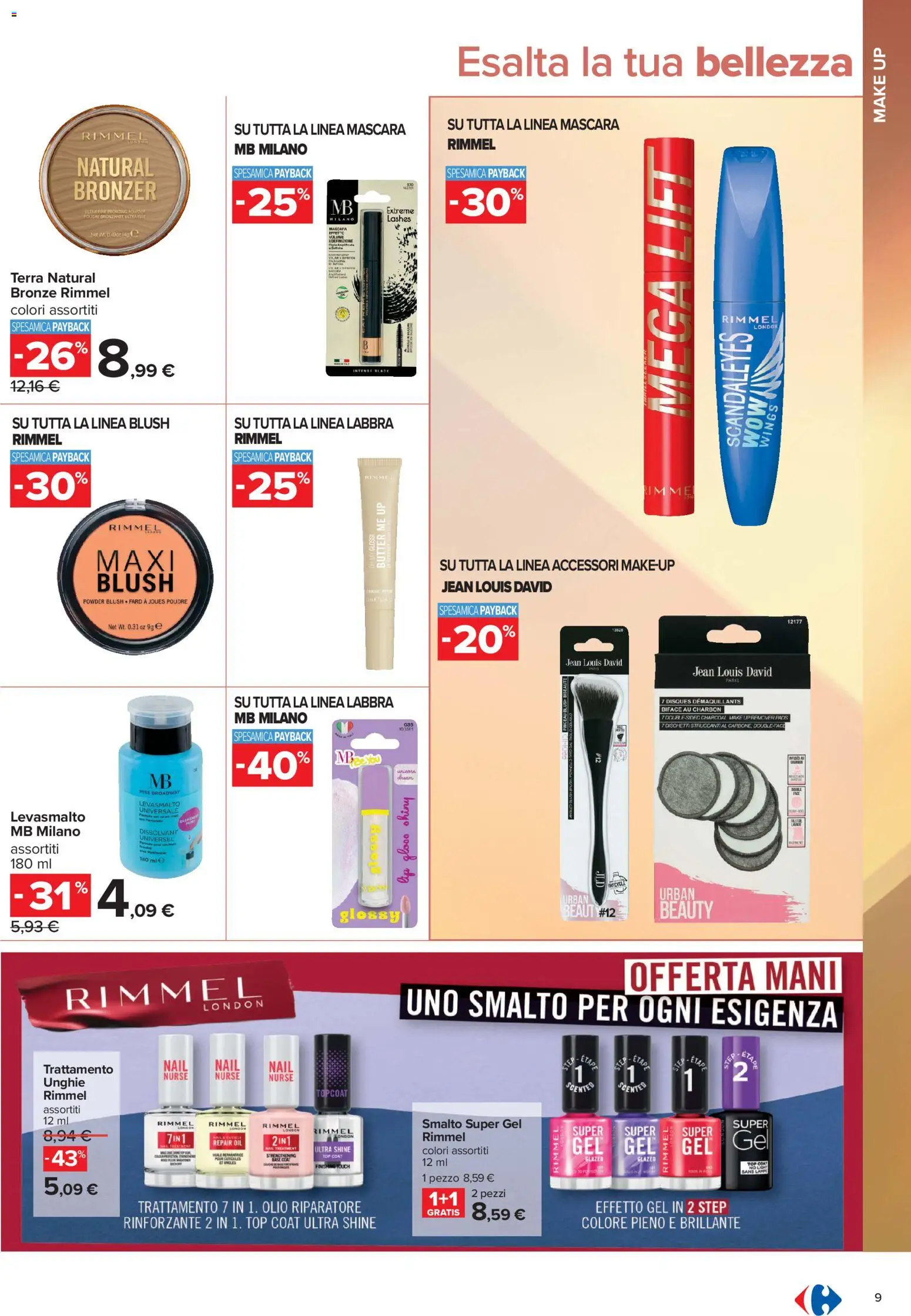 Volantino Carrefour del 10/07/2026 | Pagina: 9 | Prodotti: Mascara, Dischetti struccanti, Top, Blush