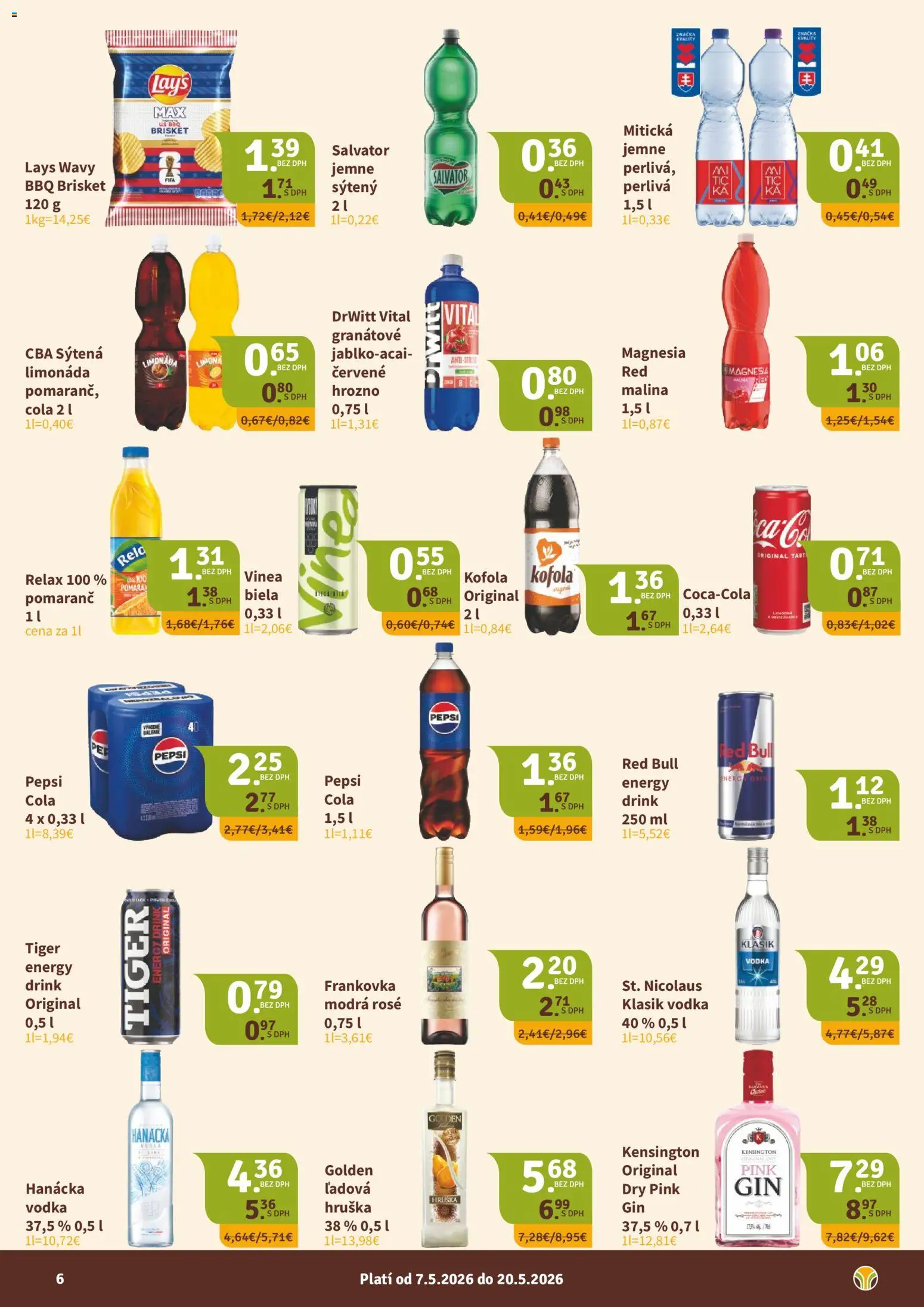 Nové Nitrazdroj akcie – leták je platný od 07.05.2026 | Strana: 6 | Produkty: Vodka, Cola, Hrozno, Vinea