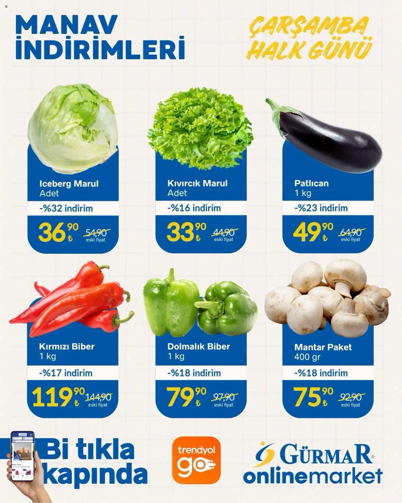 Gürmar - Manav İndirimleri - 22 Temmuz 2026 tarihinden itibaren geçerlidir | Sayfa: 2 | Ürünler: Biber, Patlıcan, Marul, Mantar