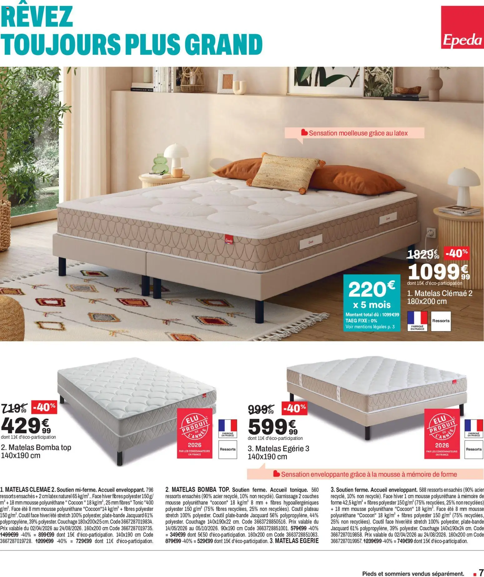 {H1} | Page: 7 | Produits: Couches, Plateau, Mousse, Matelas