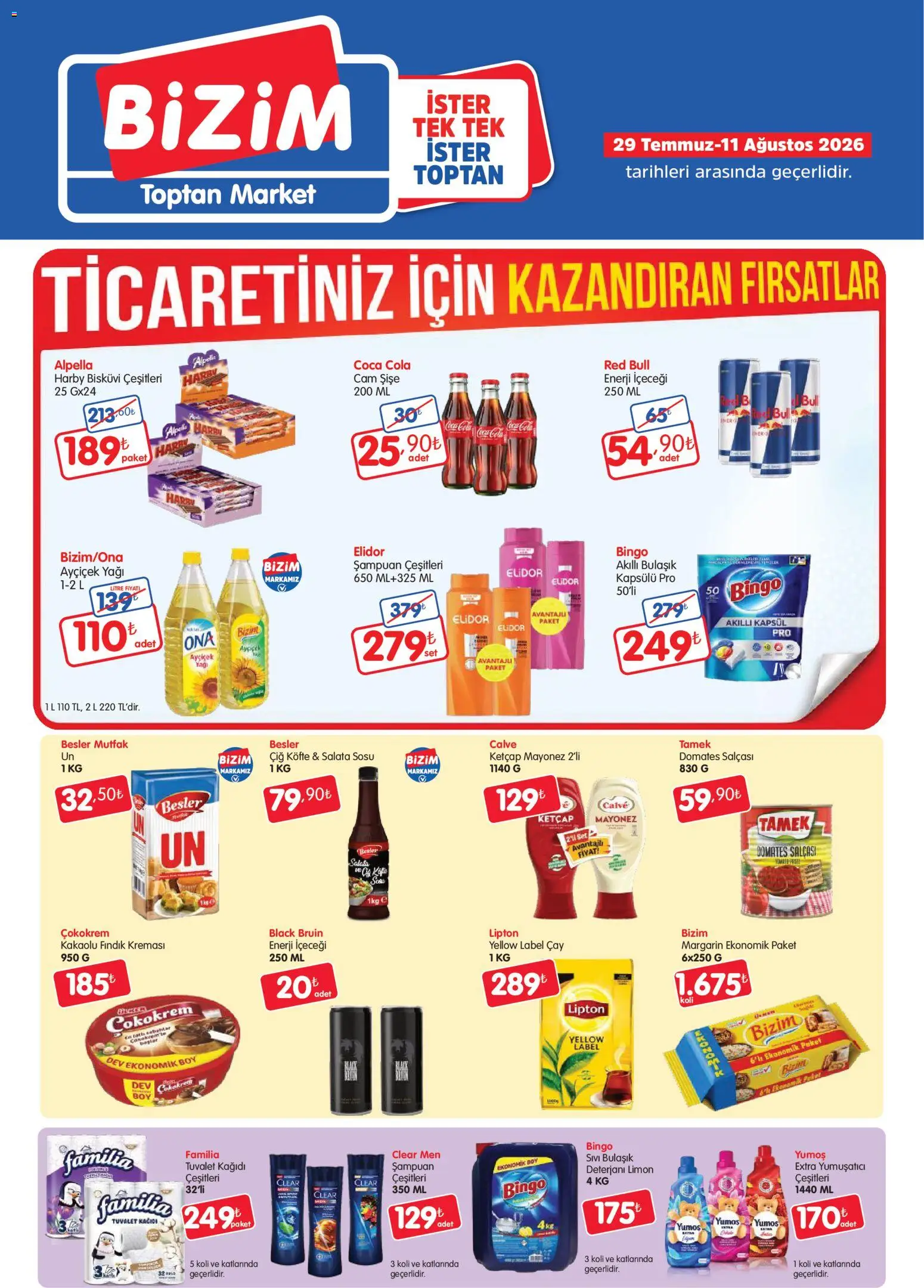 Bizim Toptan - Geleneksel Kanal Kataloğu - 29 Temmuz 2026 tarihinden itibaren geçerlidir | Sayfa: 1 | Ürünler: Şampuan, Salata, Tuvalet kağıdı, Enerji içeceği