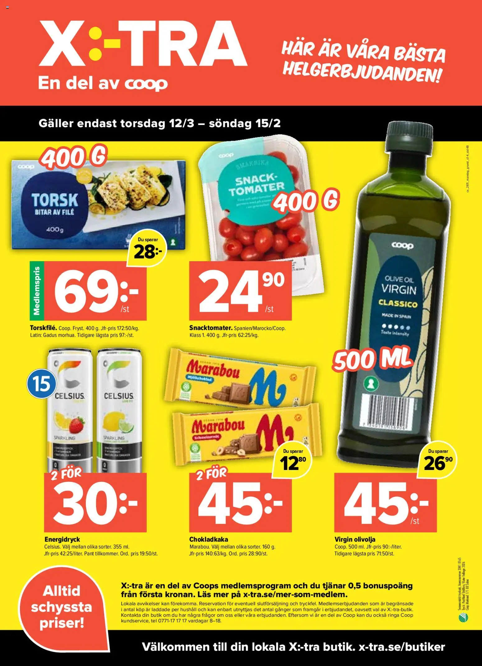 Coop X:-TRA reklamblad aktuell från 09.03.2026 | Sida: 4 | Produkter: Chokladkaka, Olivolja, Energidryck, Tomater