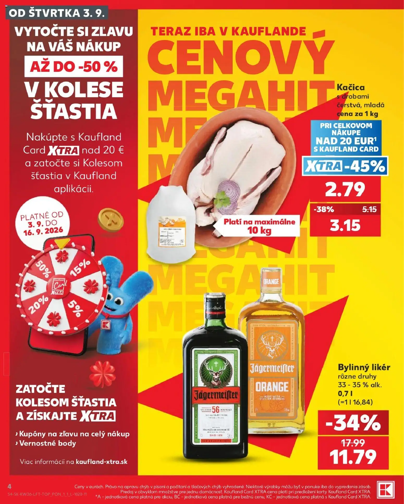 Nové Kaufland akcie – leták je platný od 03.09.2026 | Strana: 4 | Produkty: Jägermeister, Jägermeister Orange, Kačica, Bylinný likér