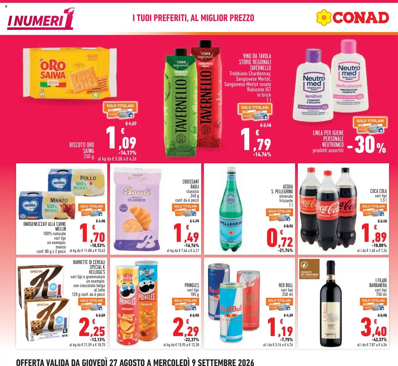 Volantino Conad del 27/08/2026 | Pagina: 4 | Prodotti: Cioccolato, Biscotti, Vino, Coca Cola