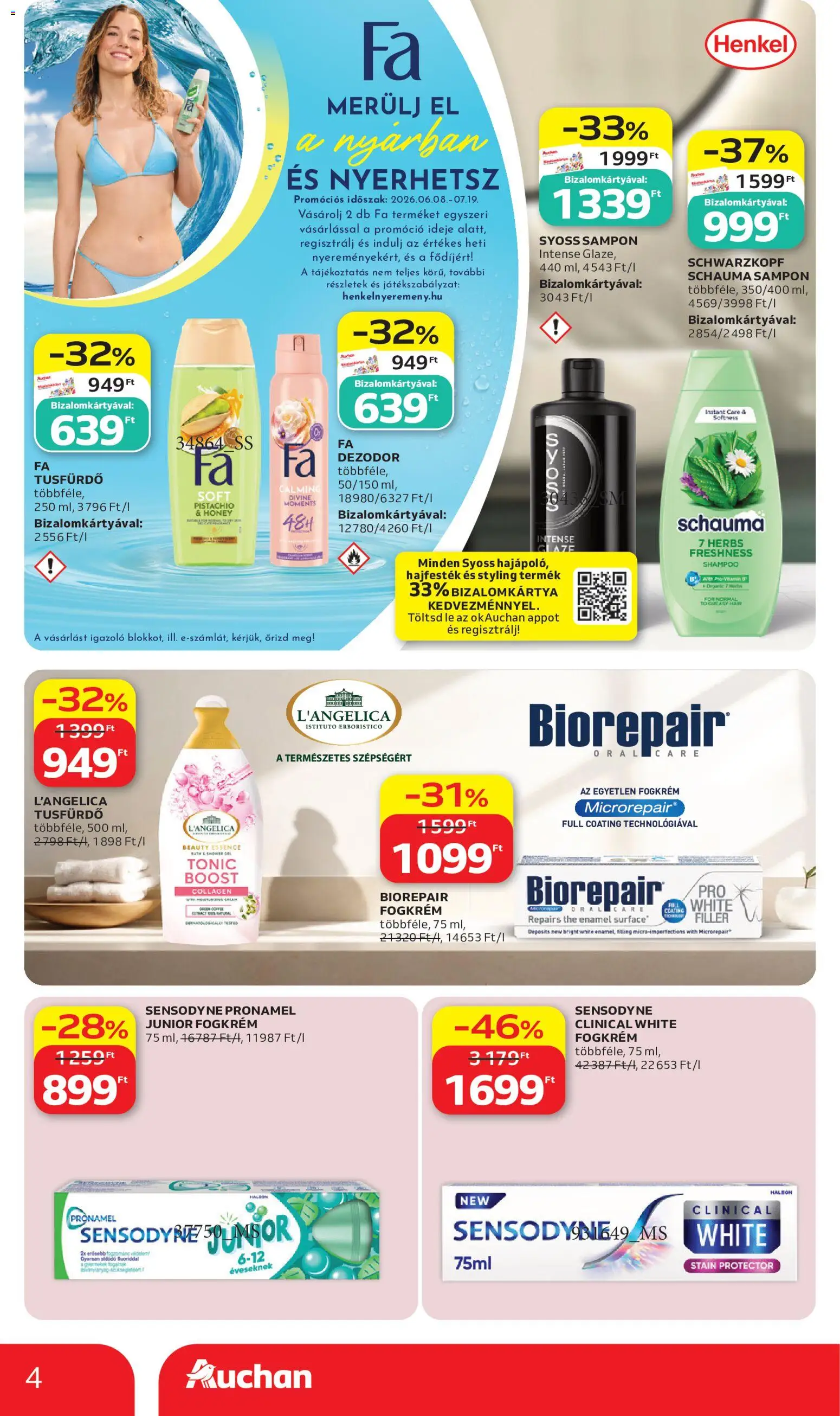 Auchan akciós ujság - amely érvényes a következő dátumtól: 2026.07.02. | Oldal: 4 | Termékek: Hajfesték, Sampon, Tusfürdő, Fogkrém