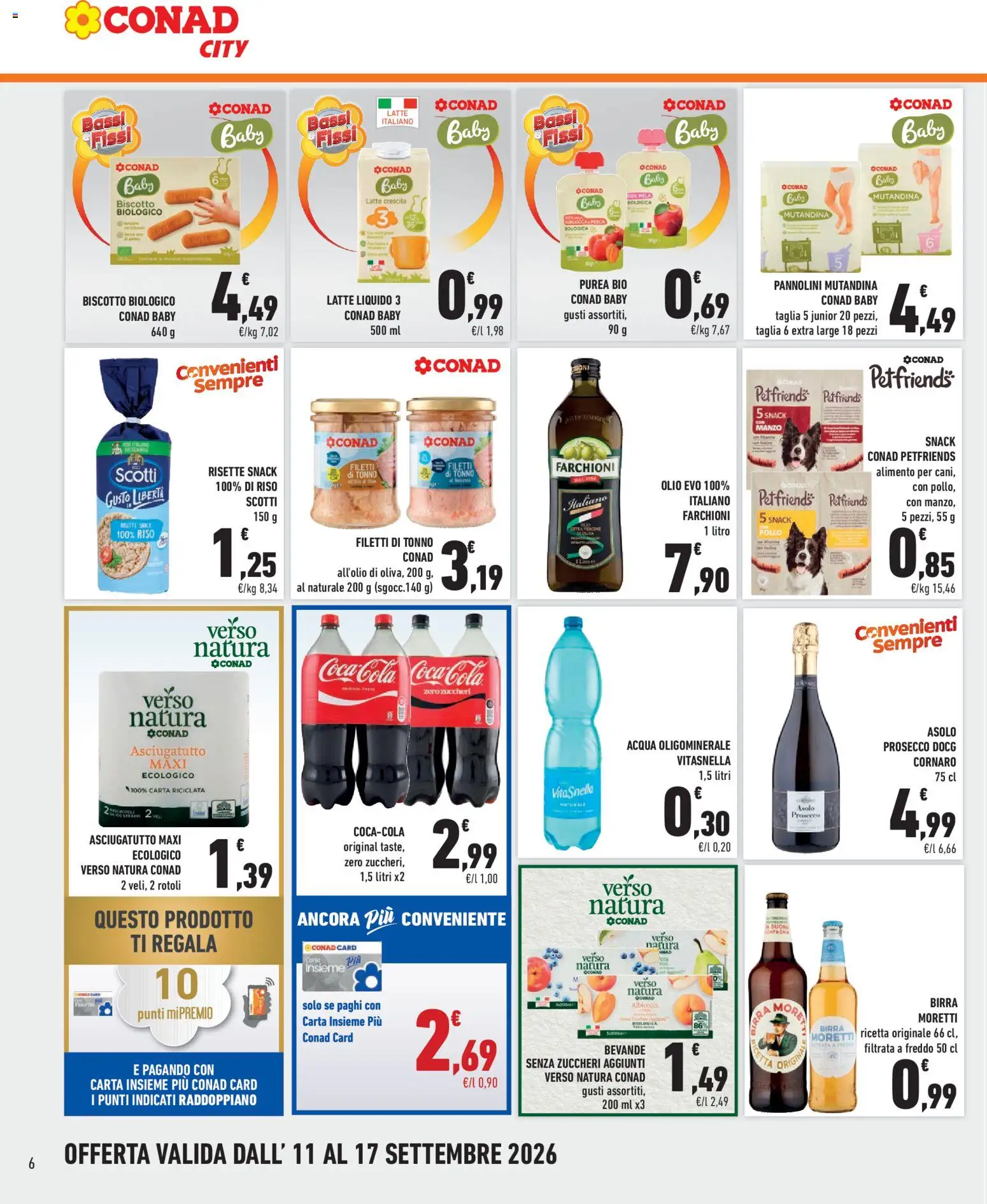 Volantino Conad del 11/09/2026 | Pagina: 6 | Prodotti: Pannolini, Bevande, Tonno, Purea