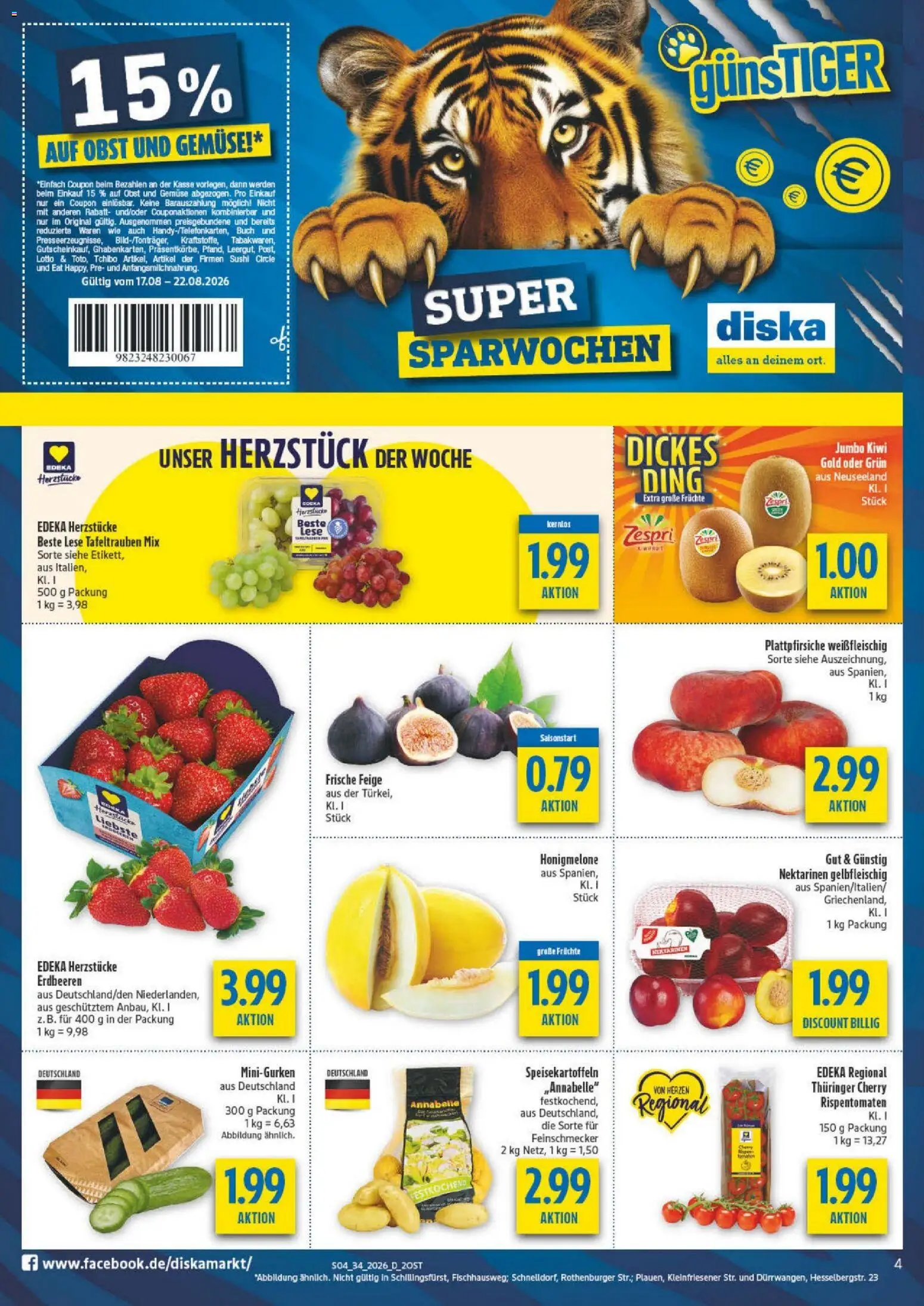 Diska - Diska Angebote Sachsen-Thüringen KW34 – gültig ab 17.08.2026 | Seite: 4 | Produkte: Nektarinen, Honigmelone, Obst, Kiwi