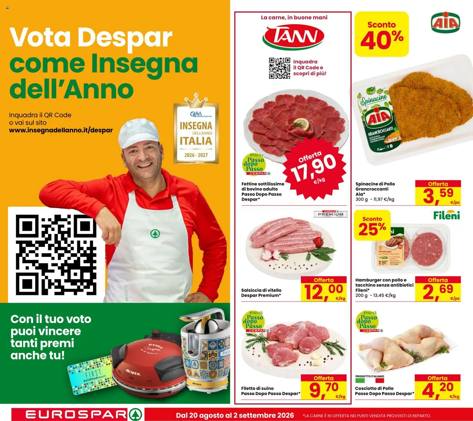 Volantino Eurospar del 20/08/2026 | Pagina: 2 | Prodotti: Bovino, Tacchino, Vitello, Hamburger