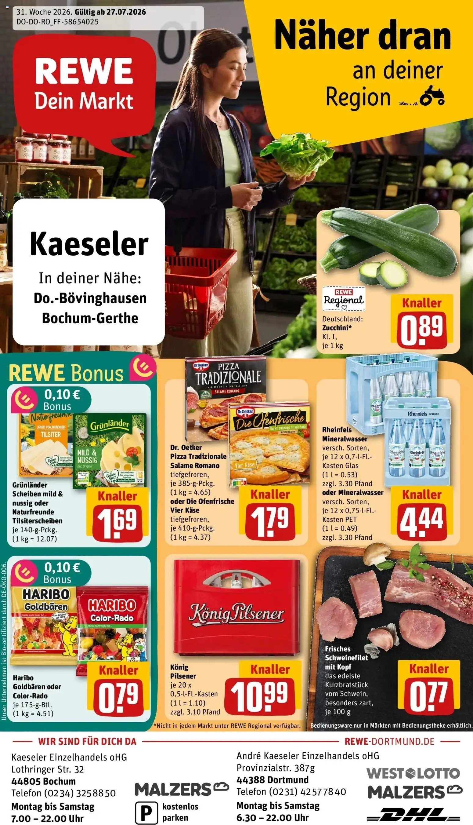 Rewe Prospekt Dortmund – gültig ab 27.07.2026 | Seite: 1 | Produkte: Haribo, Mineralwasser, Schweinefilet, Uhr