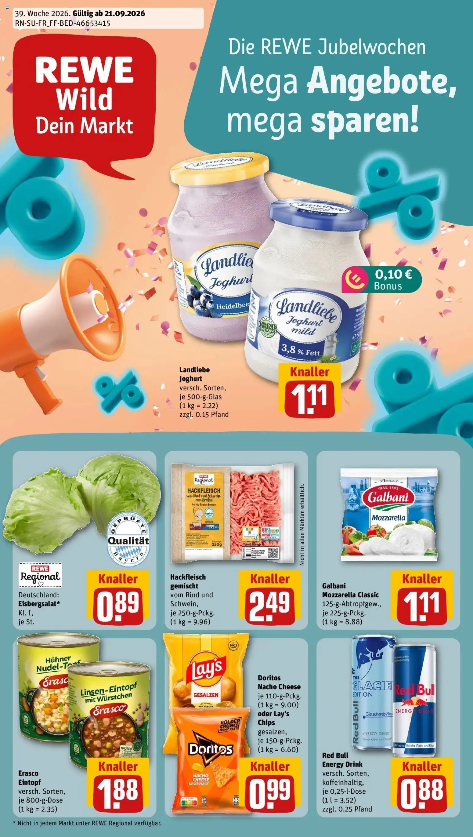 REWE Prospekt ab 21.09.2026 zum Blättern » Angebote | Seite: 1 | Produkte: Energy, Mozzarella, Erasco, Hackfleisch