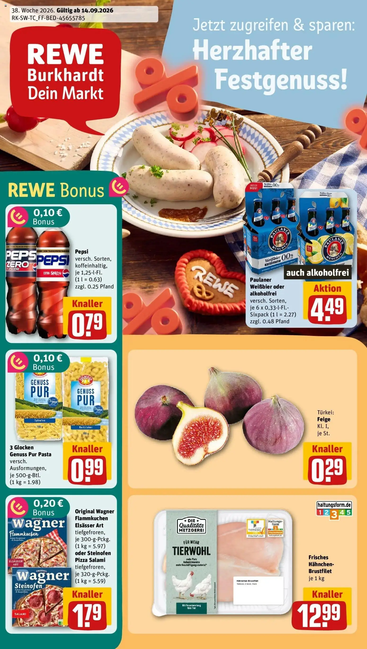 REWE Prospekt ab 14.09.2026 zum Blättern » Angebote | Seite: 1 | Produkte: Hahnchen, Weißbier, Zucker, Pepsi