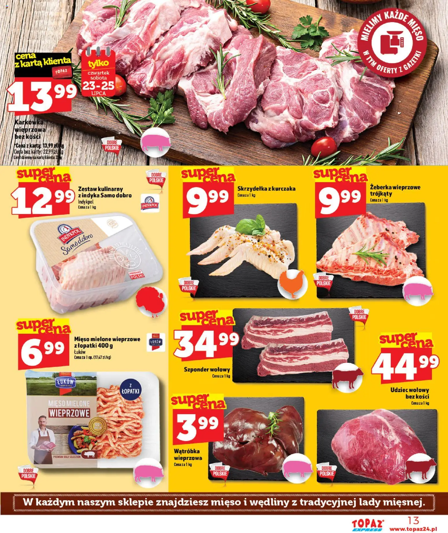 Topaz gazetka - Express od 23.07.2026 | Strona: 13 | Produkty: Karta, Karkówka wieprzowa, Mięso, Wątróbka
