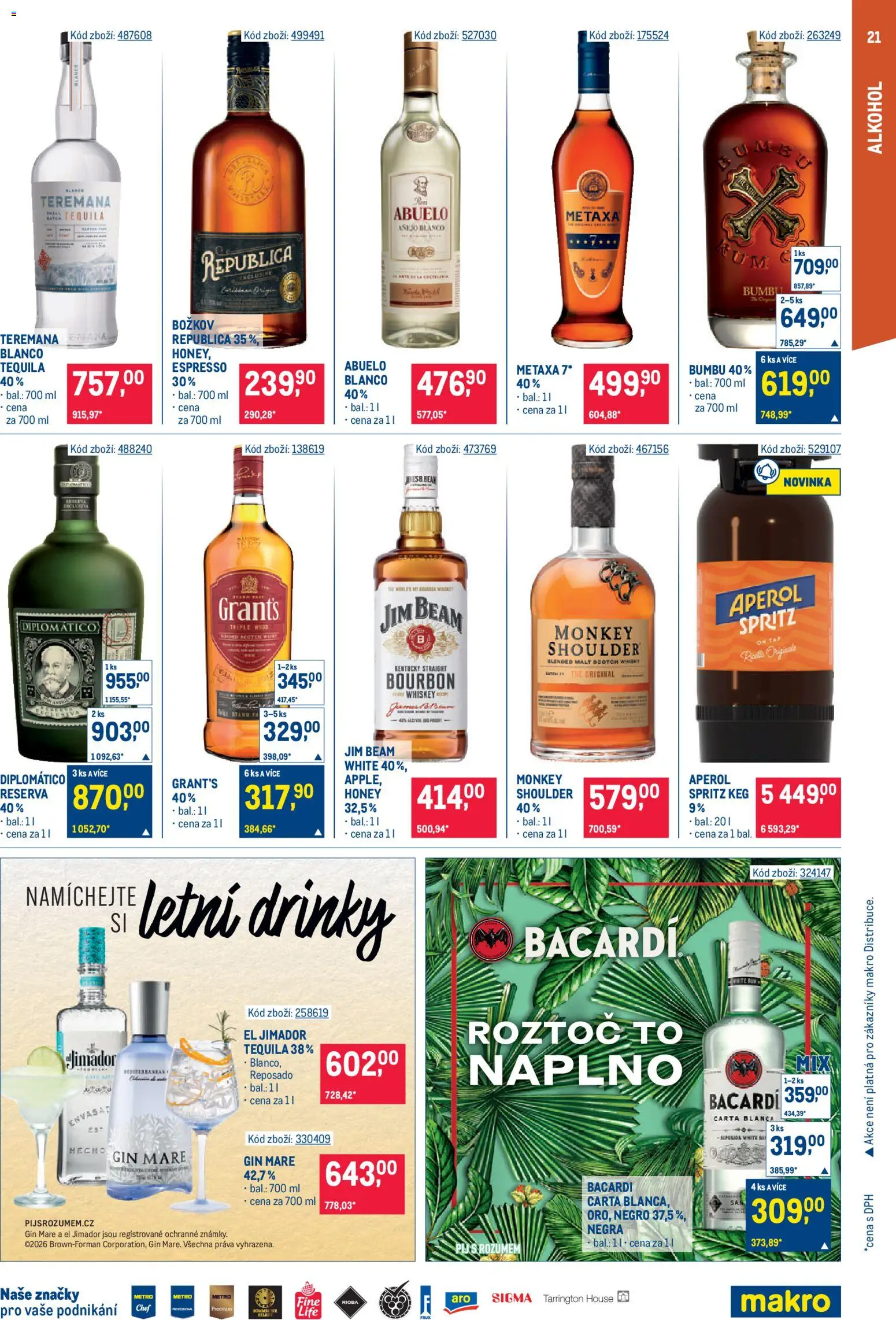 Makro leták - Gastronomie od 20.05.2026 | Strana: 21 | Produkty: Diplomatico, Monkey Shoulder, Metaxa, Aperol