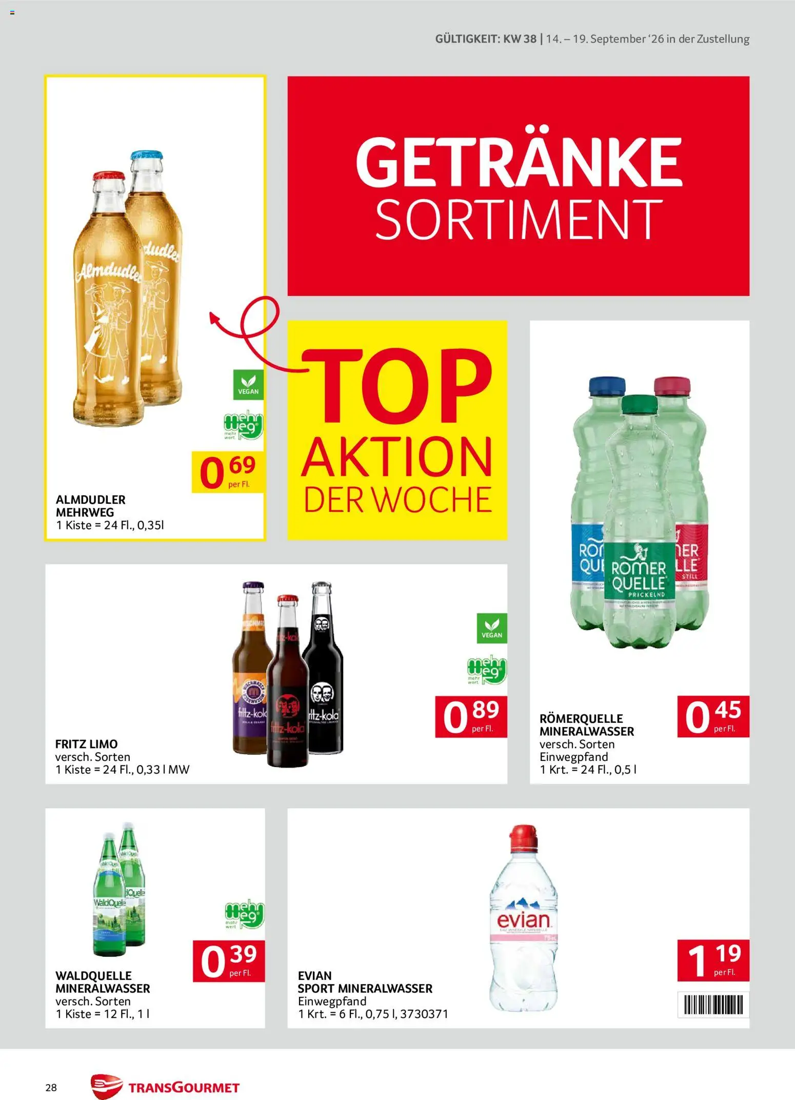 Transgourmet Zustellaktion gültig ab 14.09.2026 | Seite: 28 | Produkte: Getränke, Mineralwasser