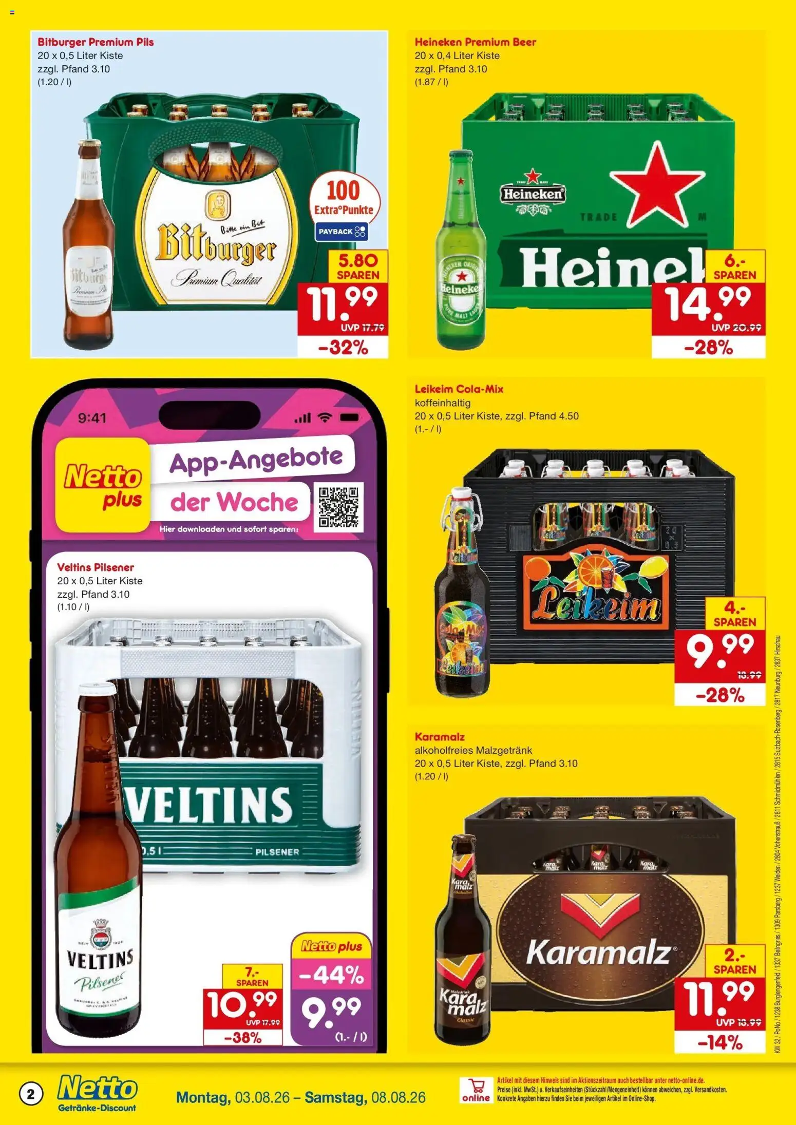 Netto Marken-Discount Prospekt Burglengenfeld – gültig ab 03.08.2026 | Seite: 2 | Produkte: Bitburger, Pils, Heineken, Veltins