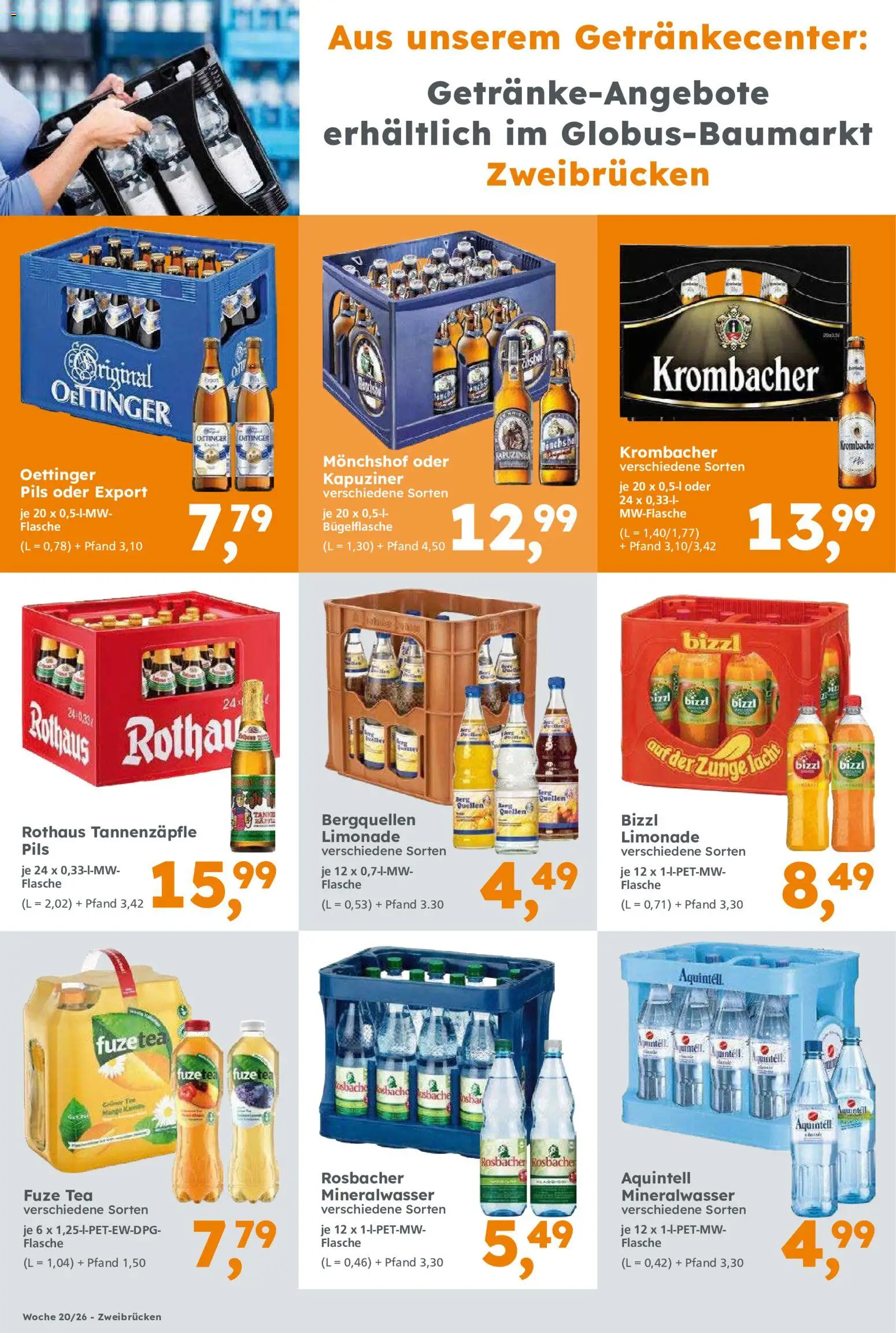 Globus Baumarkt Prospekt Zweibrücken	 – gültig ab 15.05.2026 | Seite: 4 | Produkte: Pils, Limonade, Mineralwasser, Krombacher
