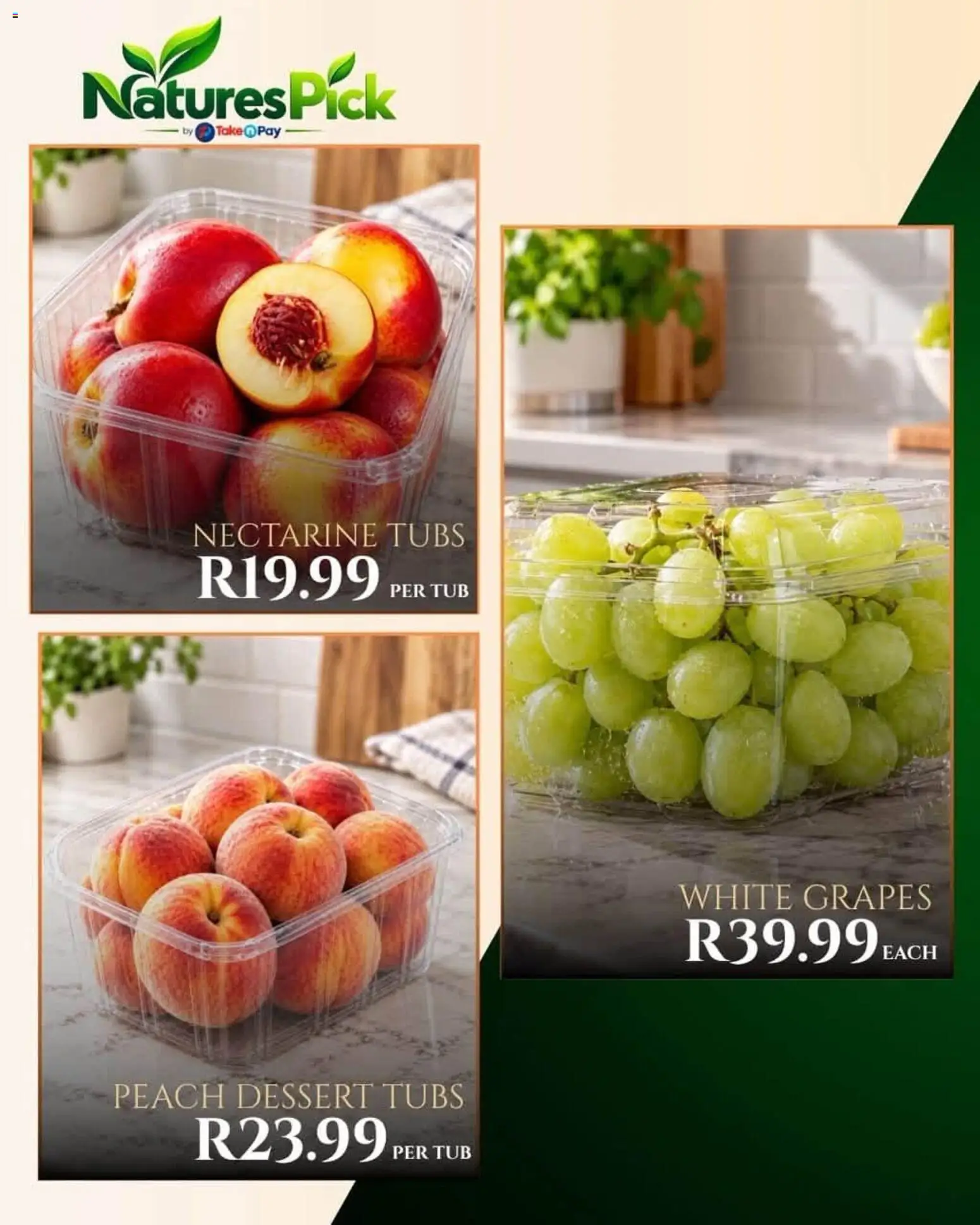New Take n Pay catalogue – valid from 13/10/2026 | Page: 4 | Products: Dessert, Peach, Grapes