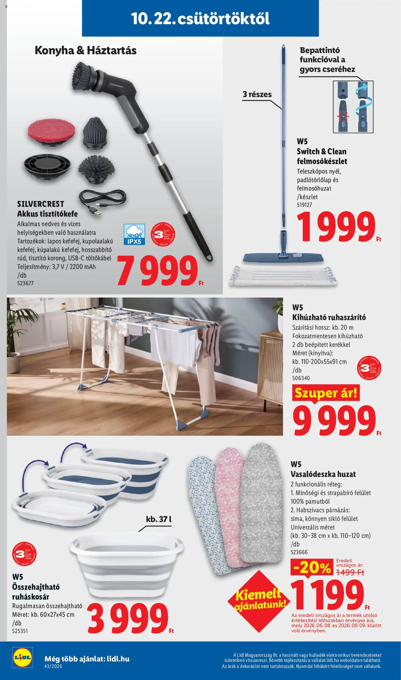 Lidl akciós ujság - amely érvényes a következő dátumtól: 2026.10.22. | Oldal: 6 | Termékek: Mop, Tisztítókefe, Vasalódeszka, Ruhaszárító