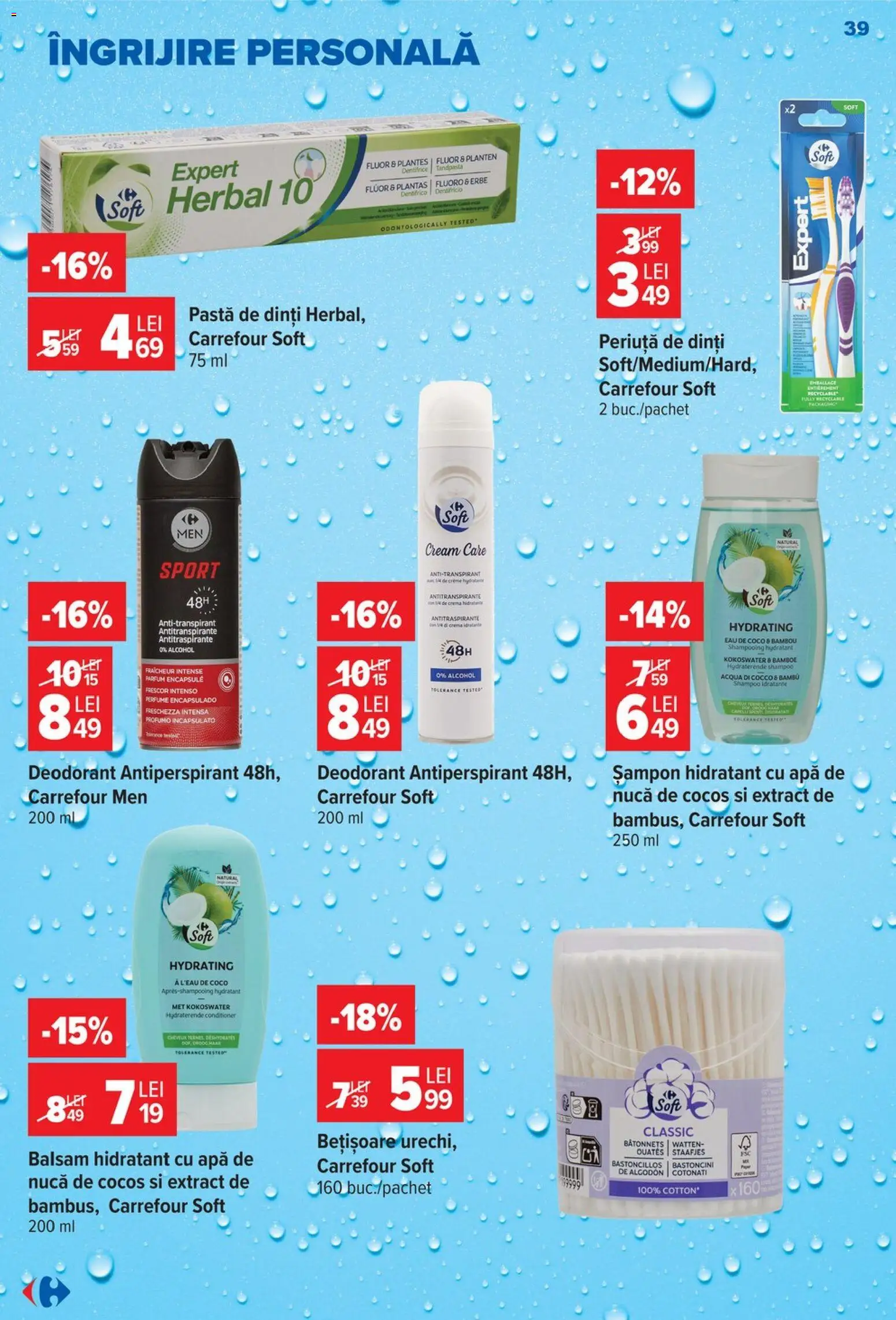Noul catalog Carrefour – valabil de la 14.10.2026 | Pagină: 39 | Produse: Șampon, Sport, Cremă, Apă