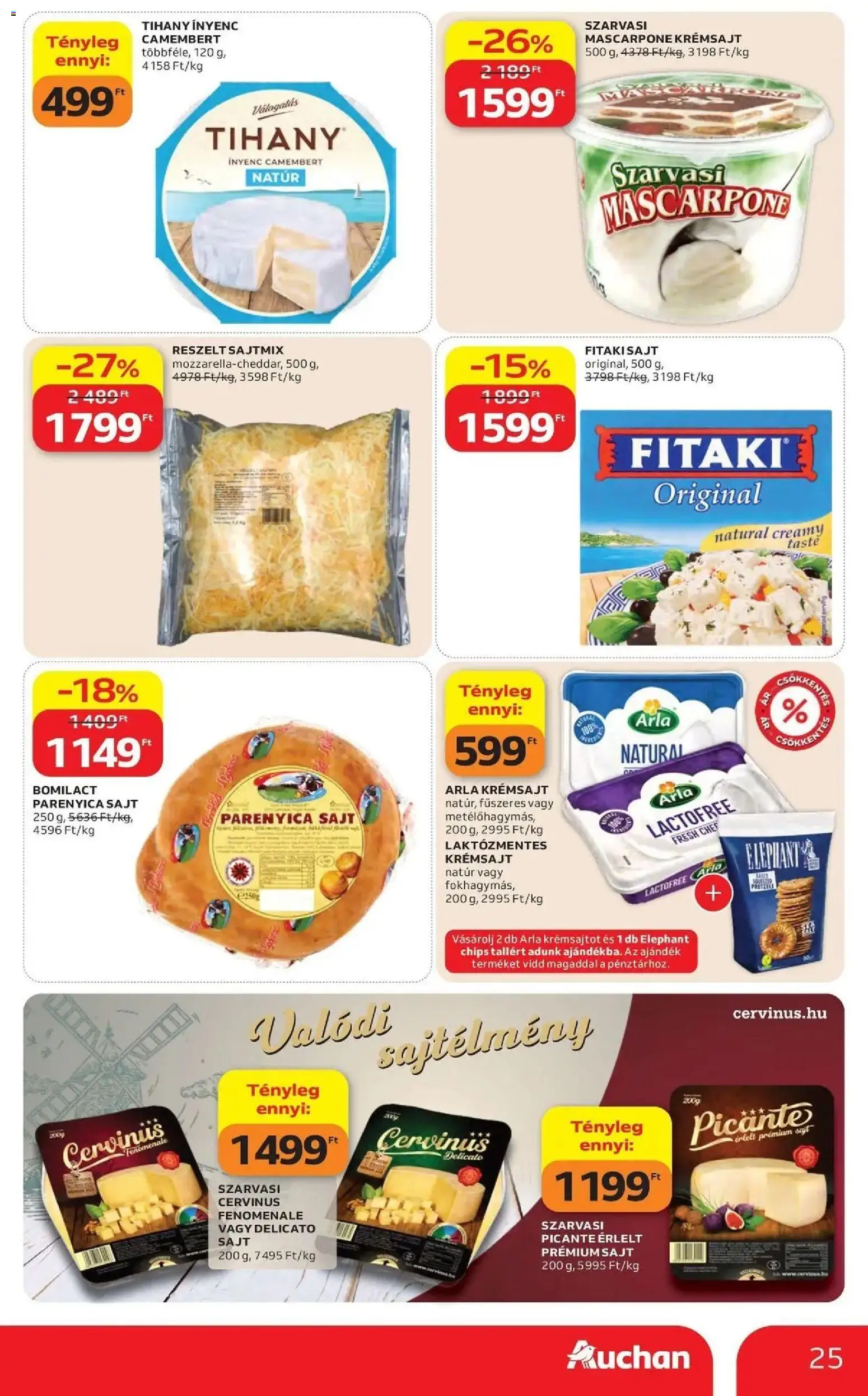 Auchan akciós újság Szolnok - 2026.10.08. -tól/töl > akció, lapozható szórólap 🛍️ | Oldal: 25 | Termékek: Tihany, Szarvasi Mascarpone, Parenyica sajt, Camembert