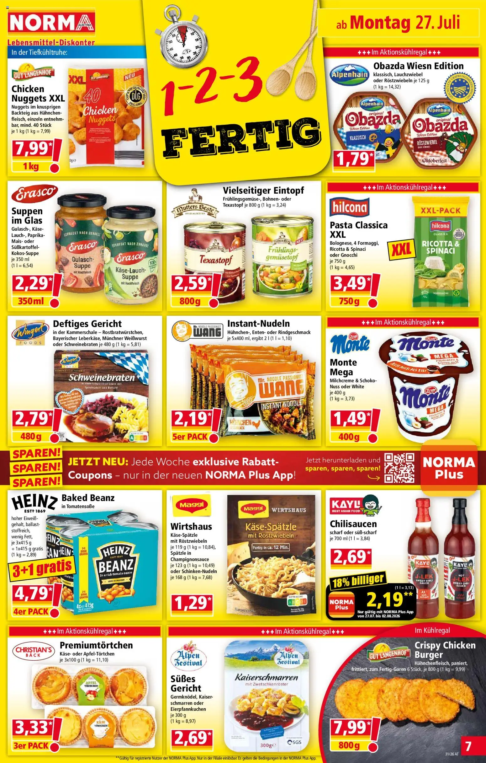 Norma Flugblatt gültig ab 27.07.2026 | Seite: 7 | Produkte: Burger, Chili, Mais, Käse