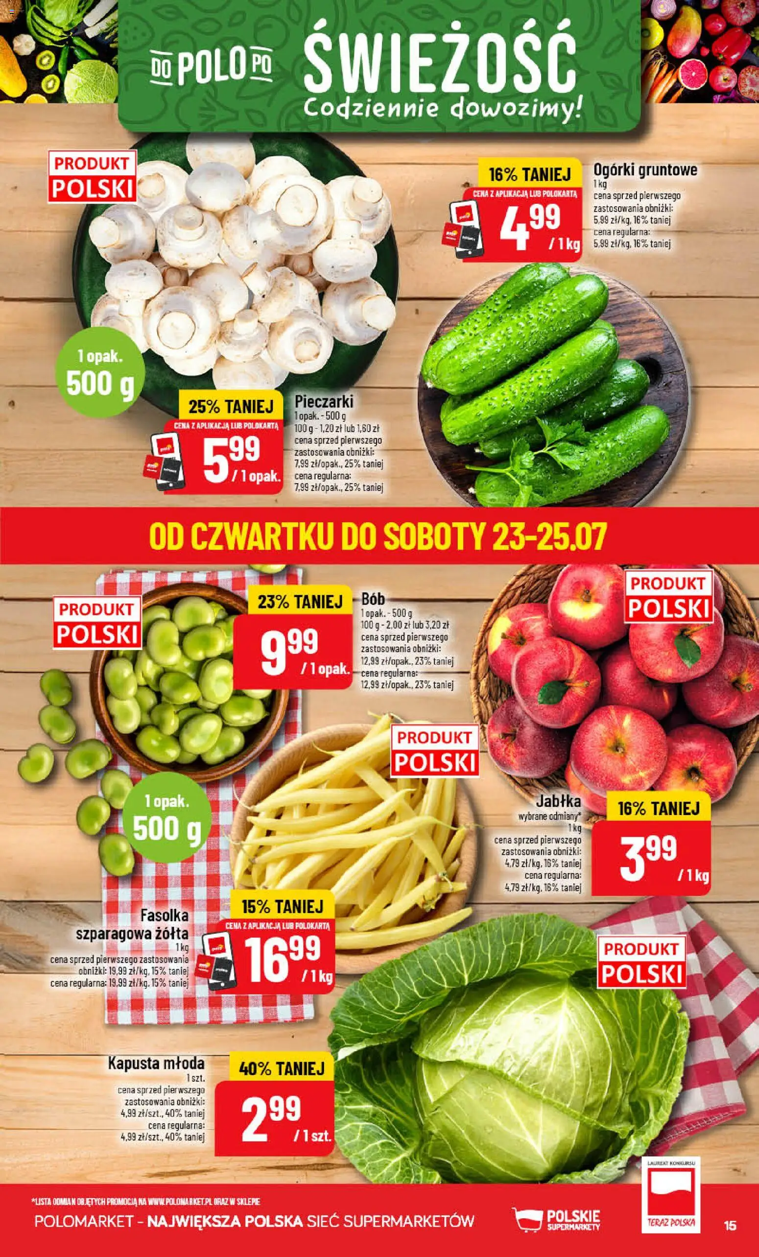 POLOmarket gazetka od 22.07.2026 | Strona: 15 | Produkty: Bób, Jabłka, Ogórki, Ogórki gruntowe