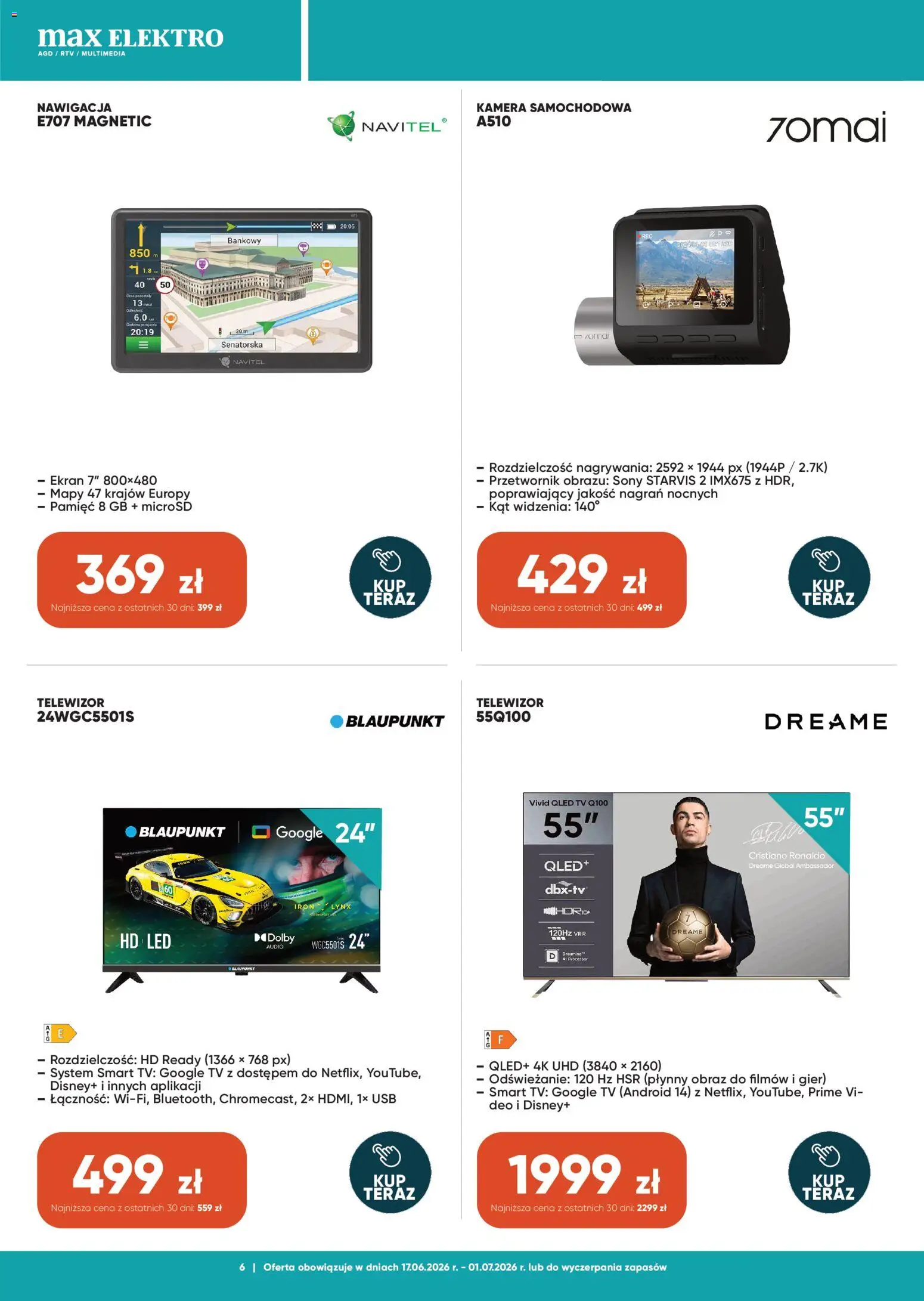 Max elektro gazetka od 17.06.2026 | Strona: 6 | Produkty: Telewizor, Audio, USB, Nawigacja