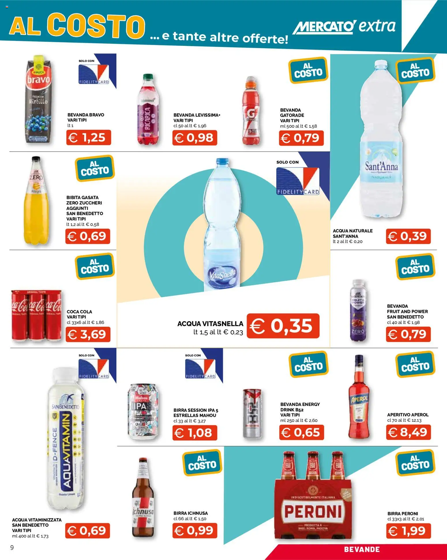 Volantino Mercatò del 03/08/2026 | Pagina: 9 | Prodotti: Birra, Acqua naturale, Coca Cola, Aperitivo
